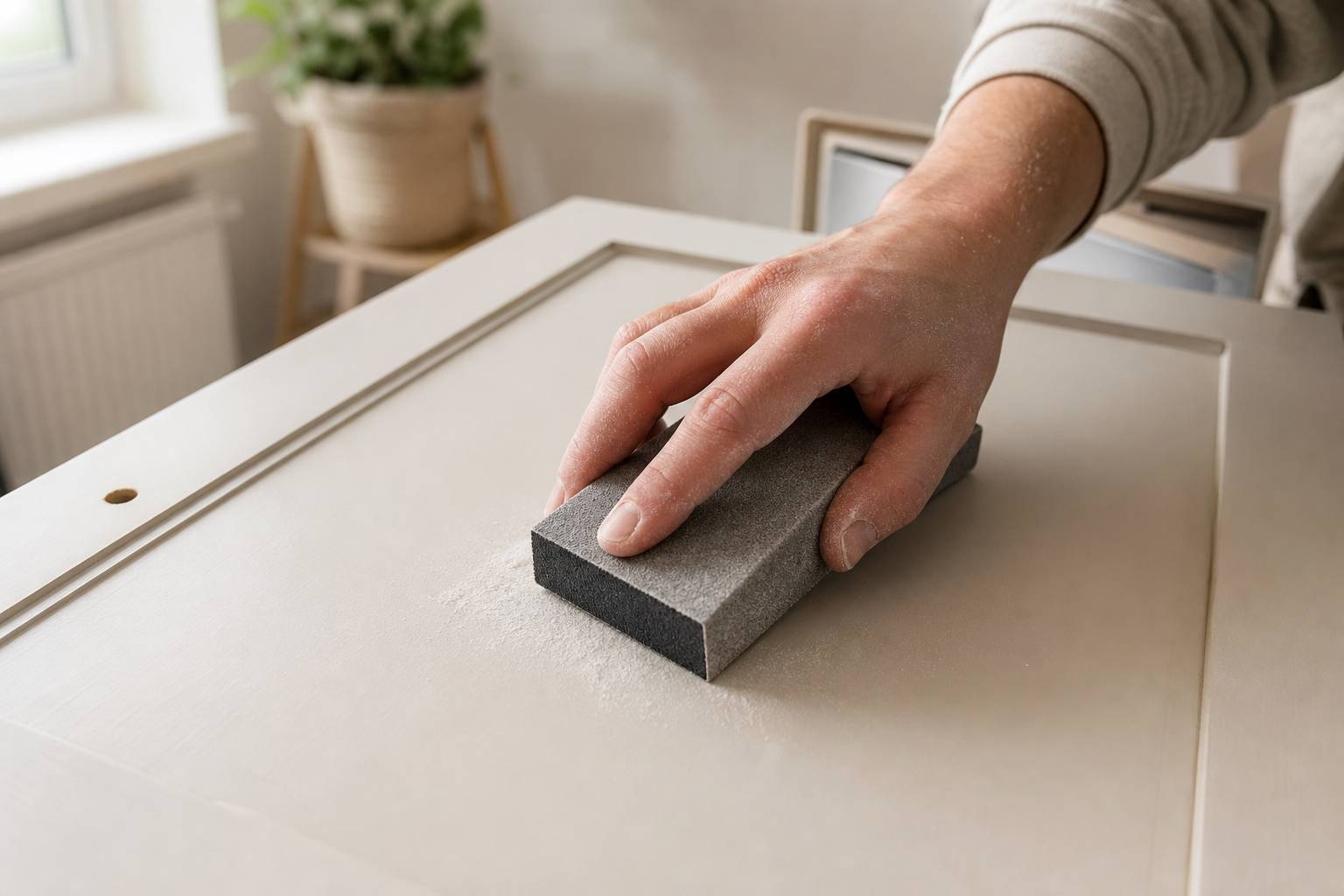 Préparation d un meuble en mélaminé avant peinture, ponçage de surface pour accroche optimale
