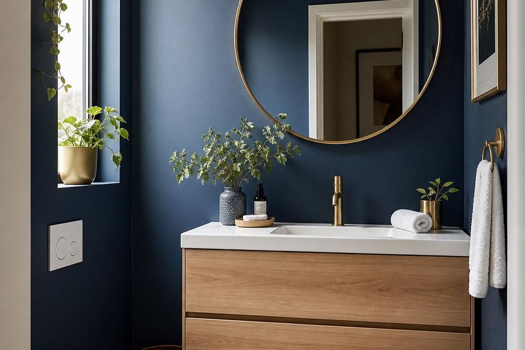 Toilettes décorés avec mur bleu nuit élégant, meuble bois clair et miroir doré