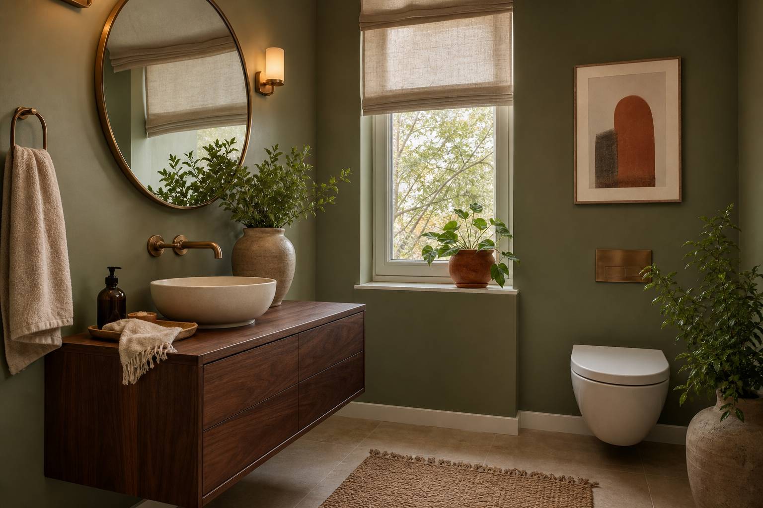 Petit WC decore avec mur peint vert sauge et meuble en bois noyer
