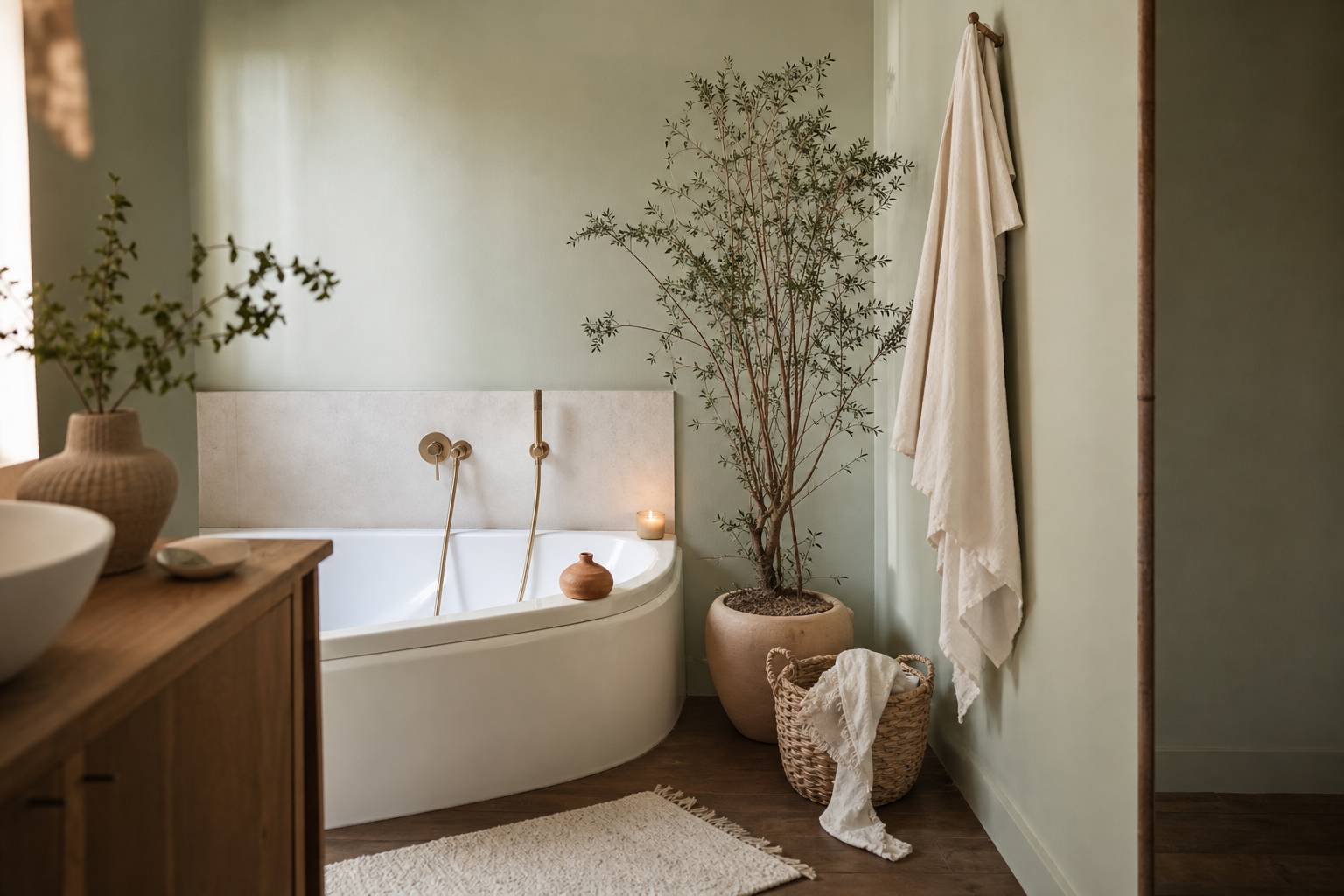 Petite baignoire blanche dans une salle de bains aux tons naturels
