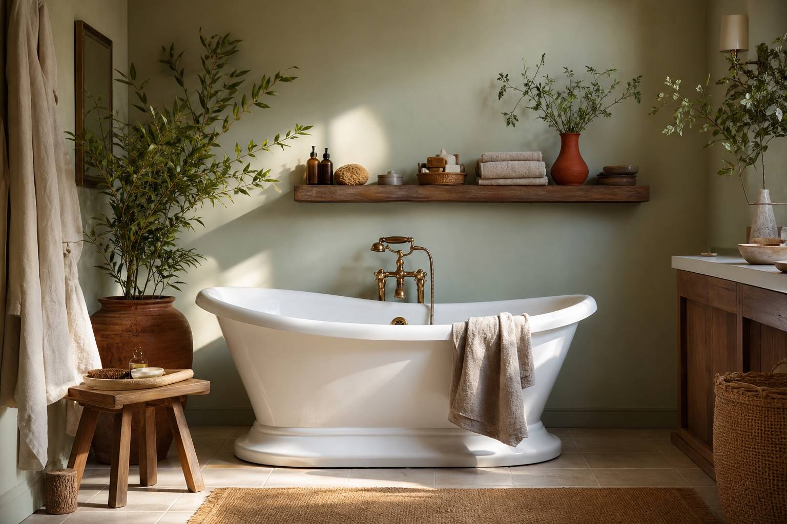 Ambiance salle de bains avec petite baignoire sabot et accessoires déco