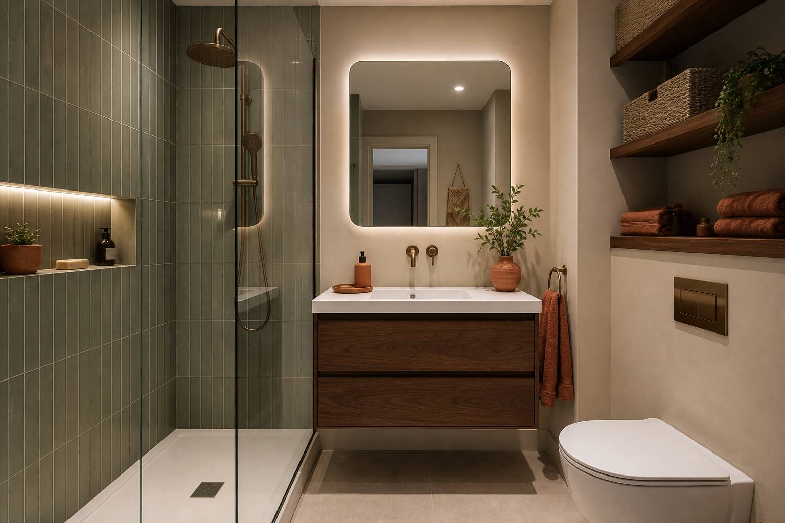 Petite salle de bains design avec rangements malins et carrelage doux