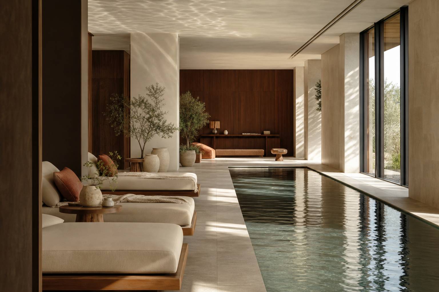 Piscine intérieure luxueuse avec éclairage chaud et reflets sur l eau dans un intérieur contemporain