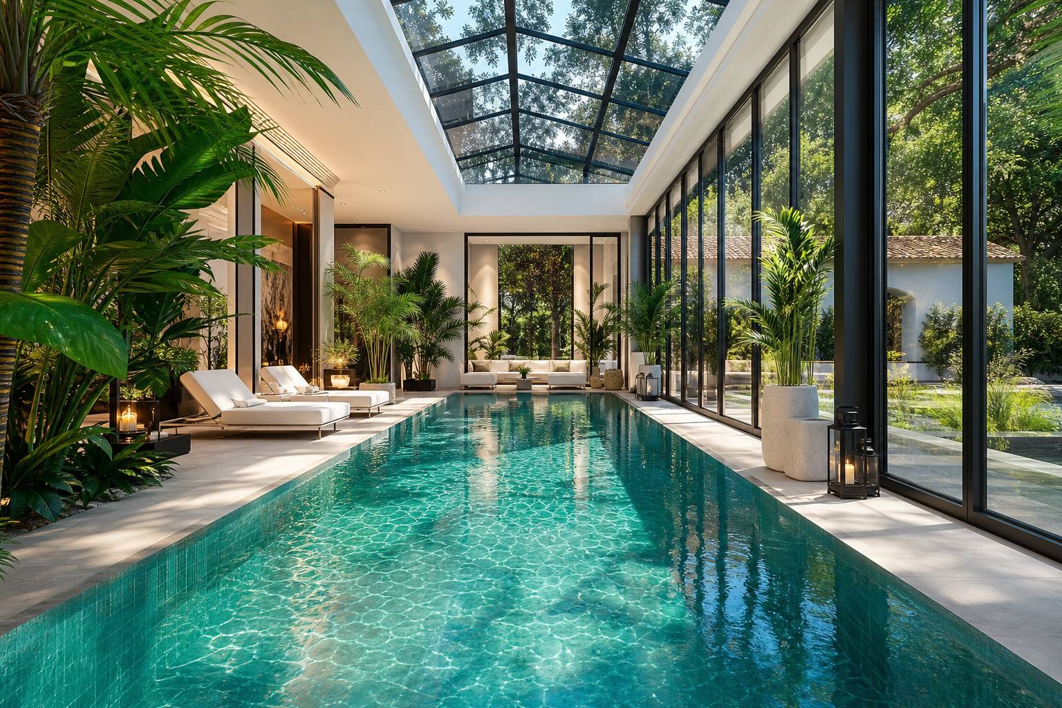 Piscine intérieure dans véranda avec baies vitrées et lounge blanc