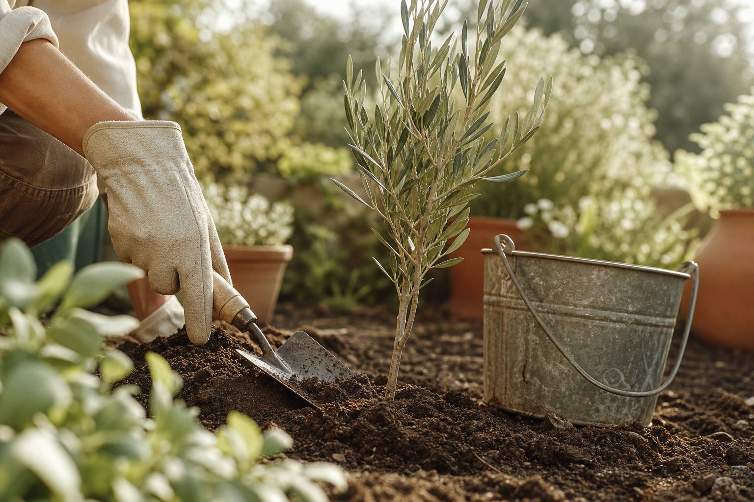 Plantation arbre jardin pelle main gants jardinage terre préparée lumière matin