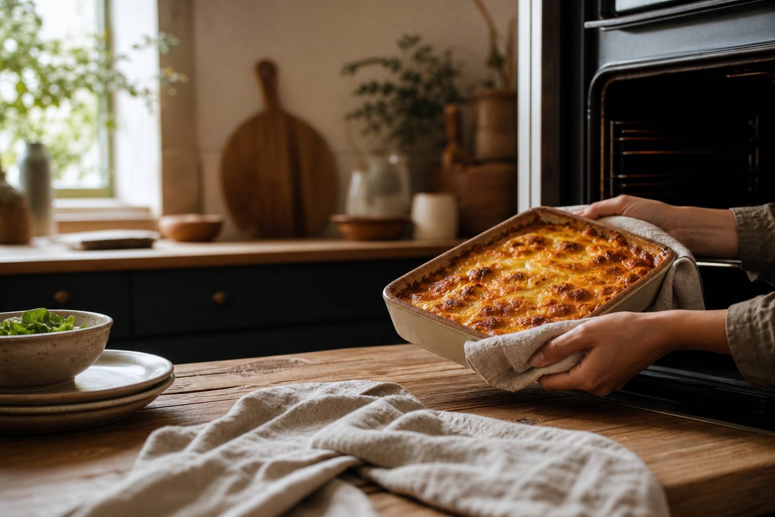 Plat doré sortant du four sur un plan de travail en bois avec torchon en lin