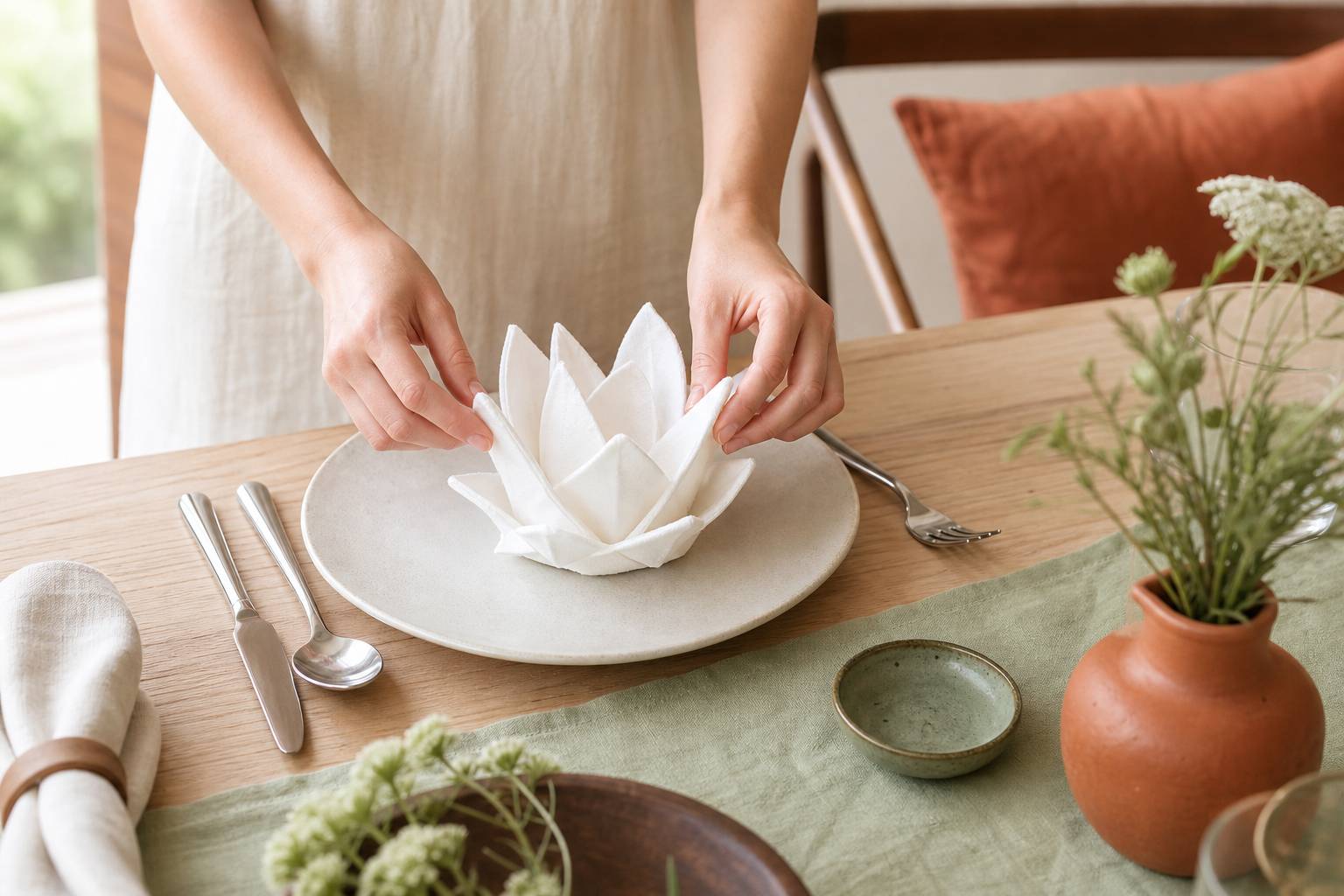 Pliage serviette papier nénuphar décoration table assiette blanche bois intérieur lumineux