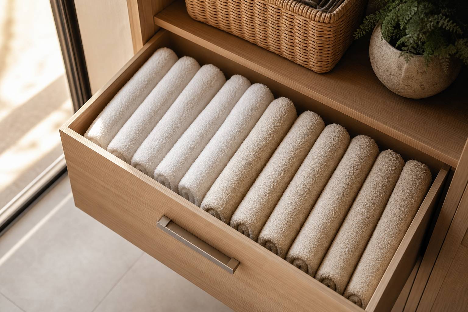 Serviettes de bain pliées et rangées verticalement dans tiroir, méthode KonMari pour gagner de la place