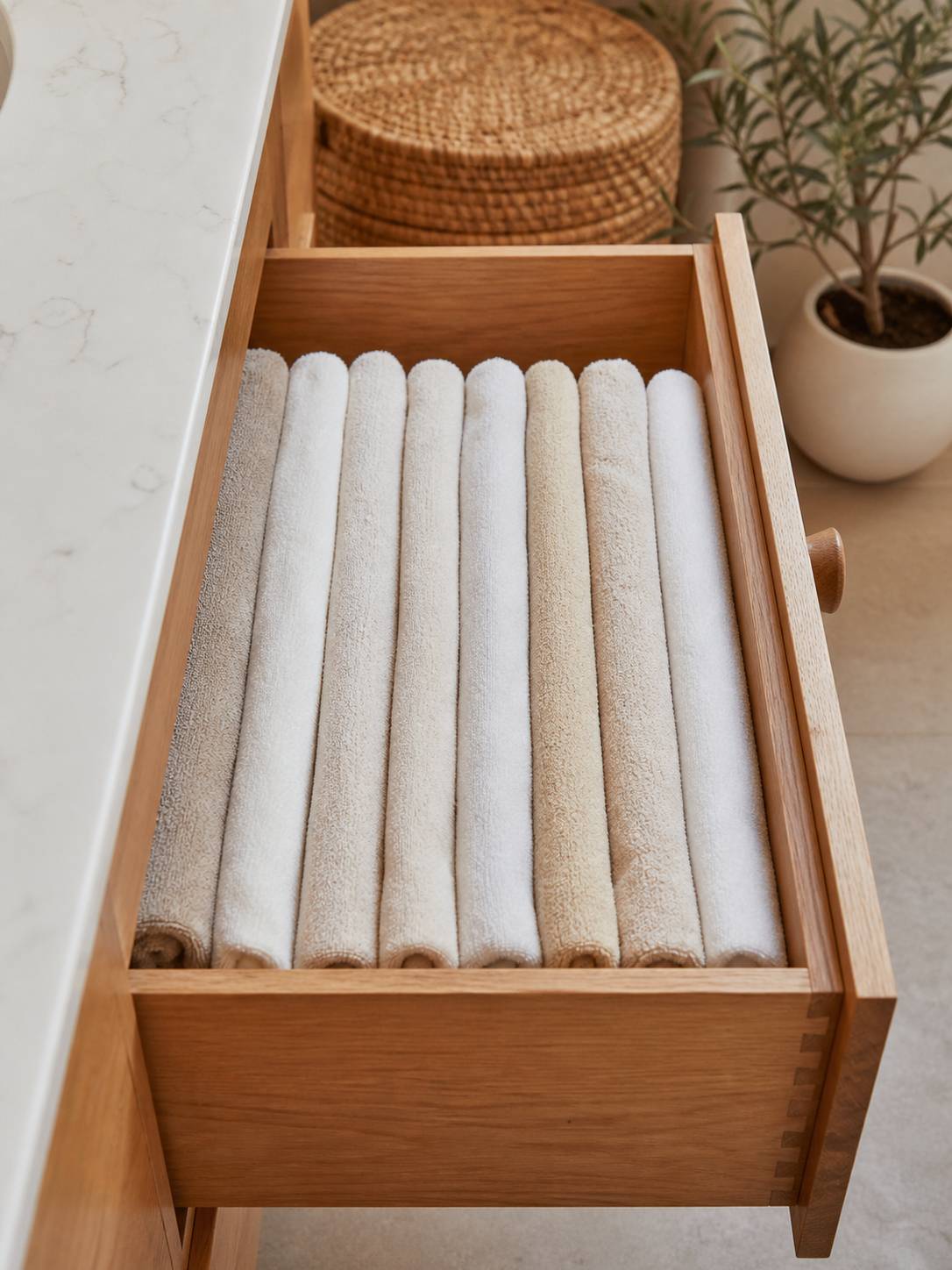 Serviettes de bain pliées méthode Marie Kondo, rangement vertical dans tiroir, organisation salle de bain