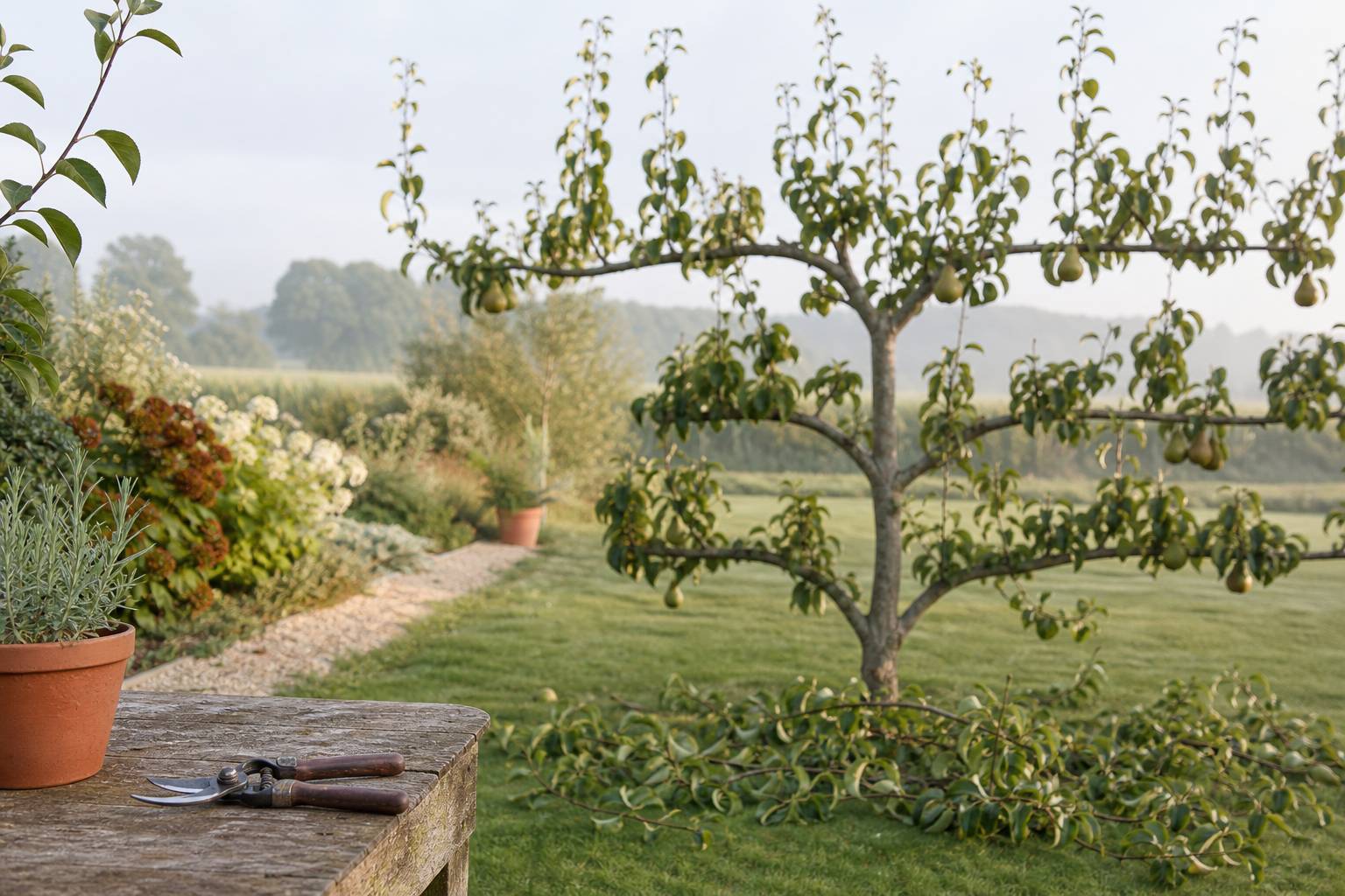 Poirier taille dans un jardin avec branches coupees au sol