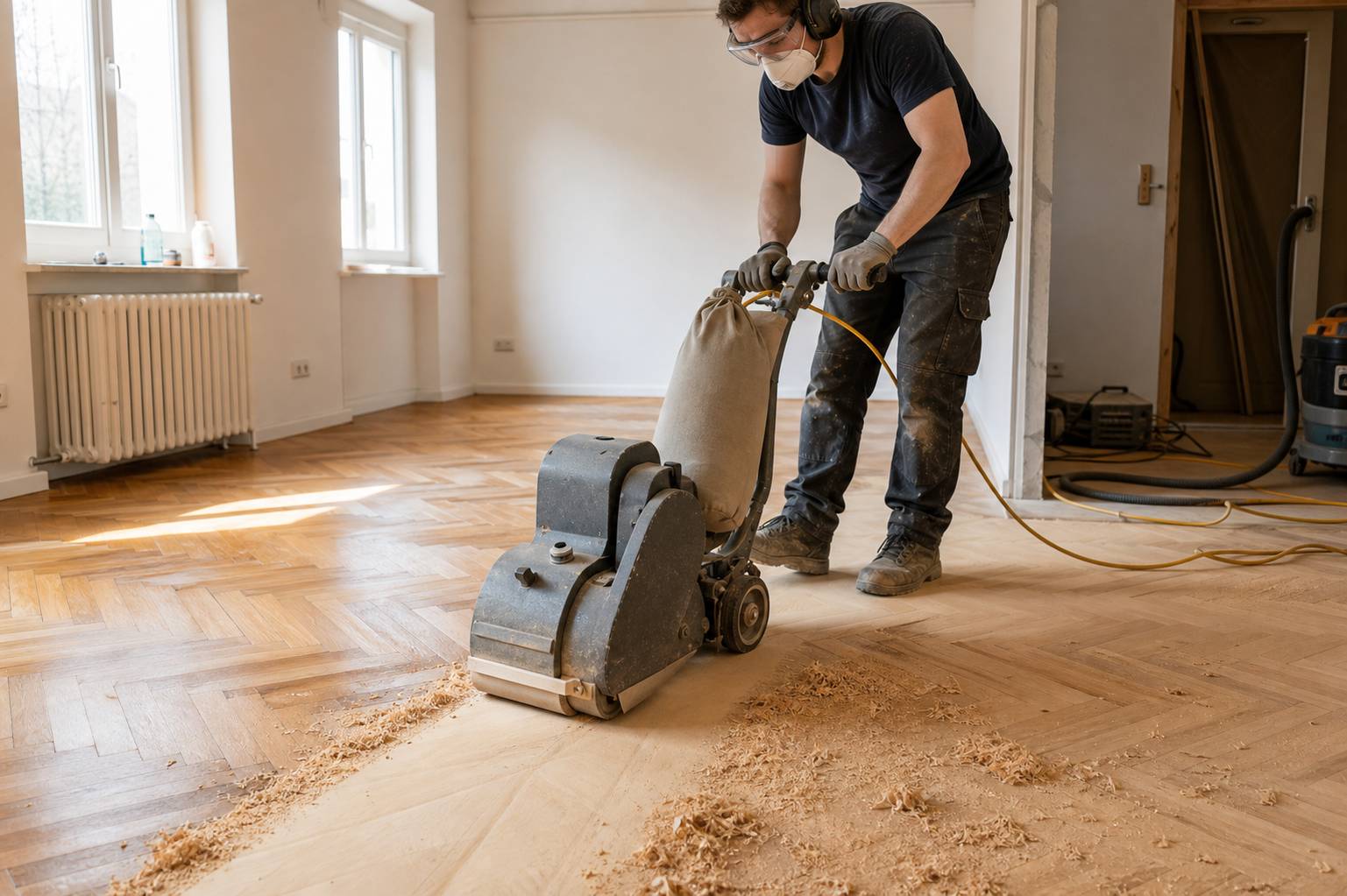Ponçage de parquet avec ponceuse professionnelle, rénovation plancher bois intérieur