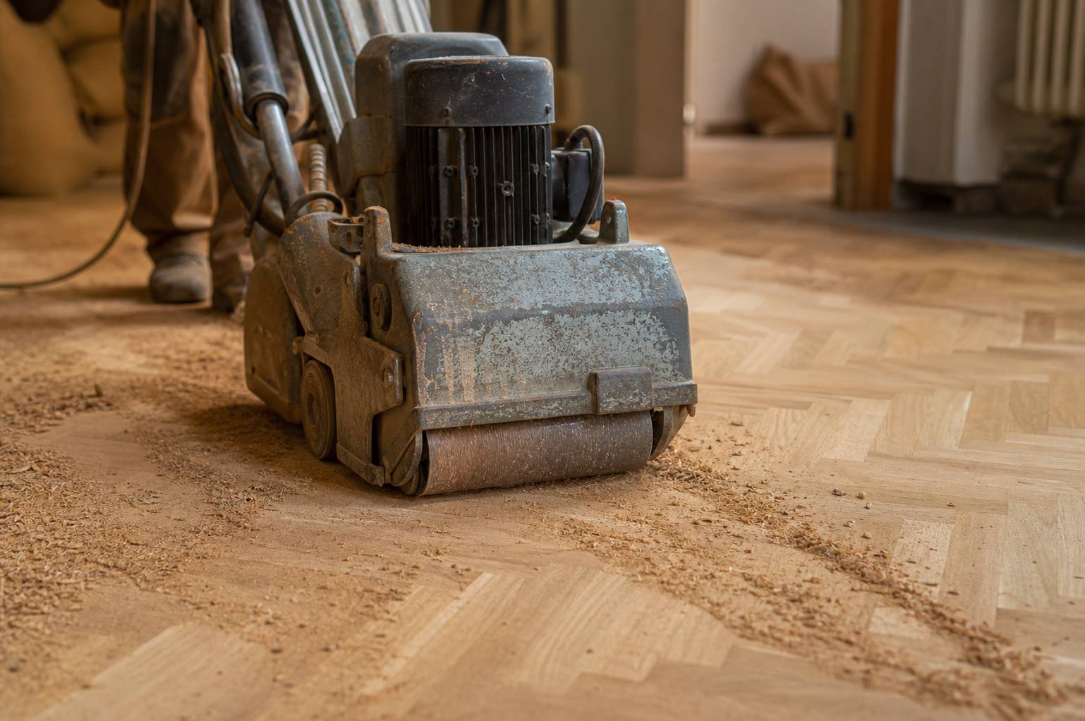 Ponceuse à parquet professionnelle en action sur plancher bois, rénovation sol intérieur