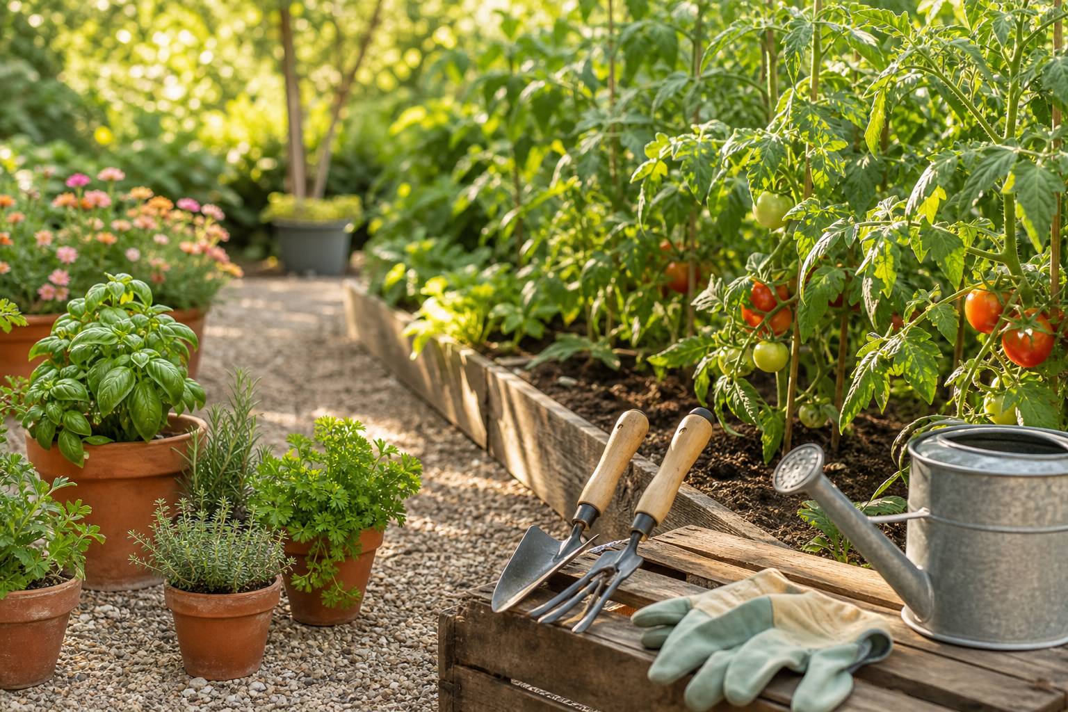 Outils de jardinage et plants de tomates dans un potager aux herbes aromatiques en pot terre cuite