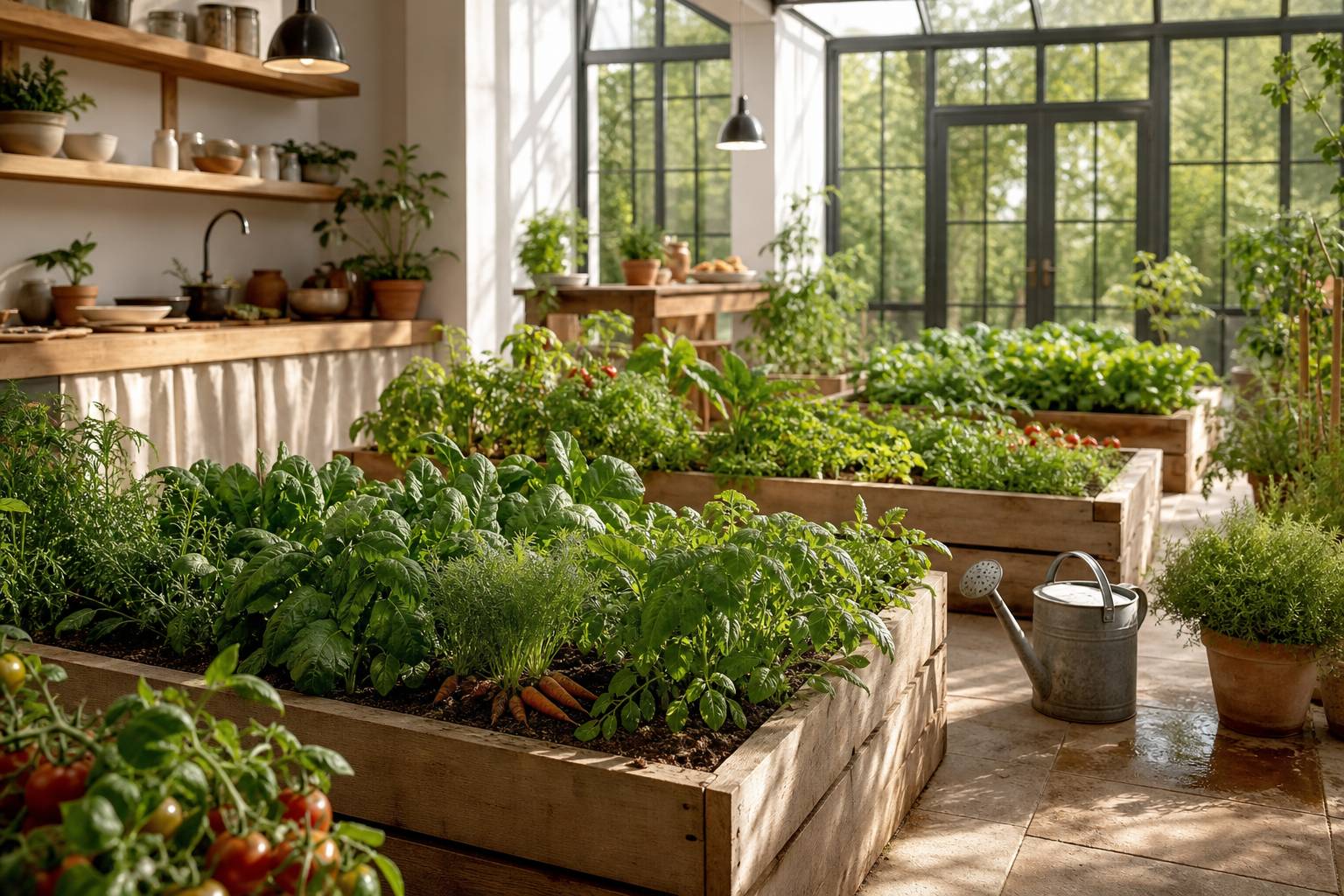 Potager organisé avec planches de culture en bois et légumes variés dans un jardin baigné de lumière