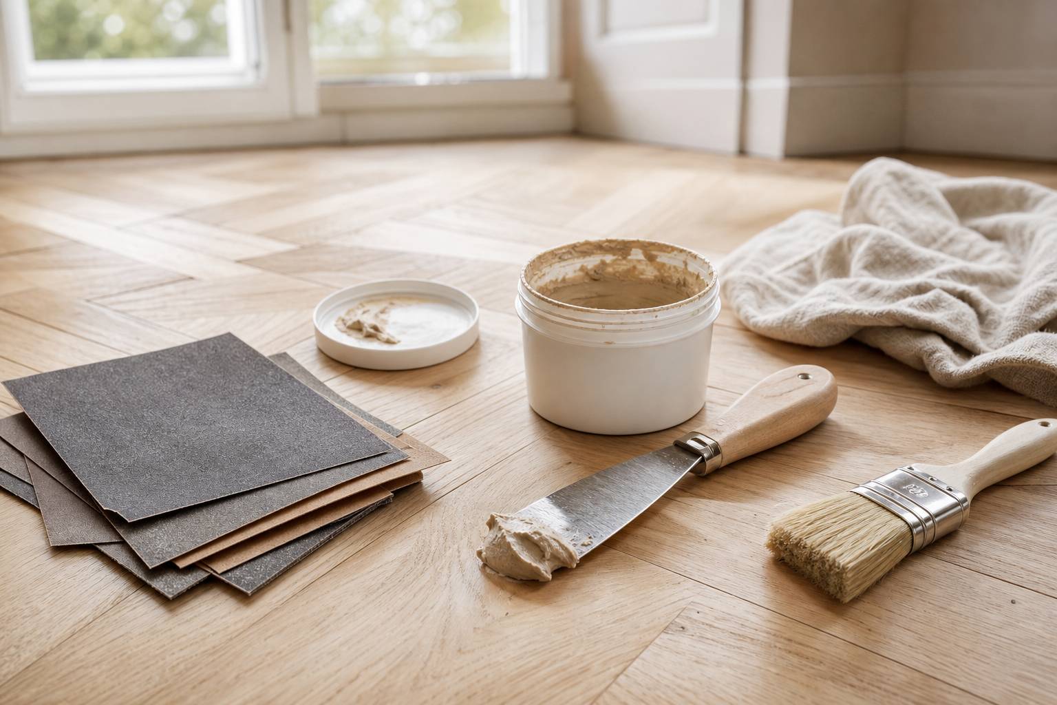 Outils preparation parquet papier verre mastic bois pinceau chiffon renovation sol Palette Maison