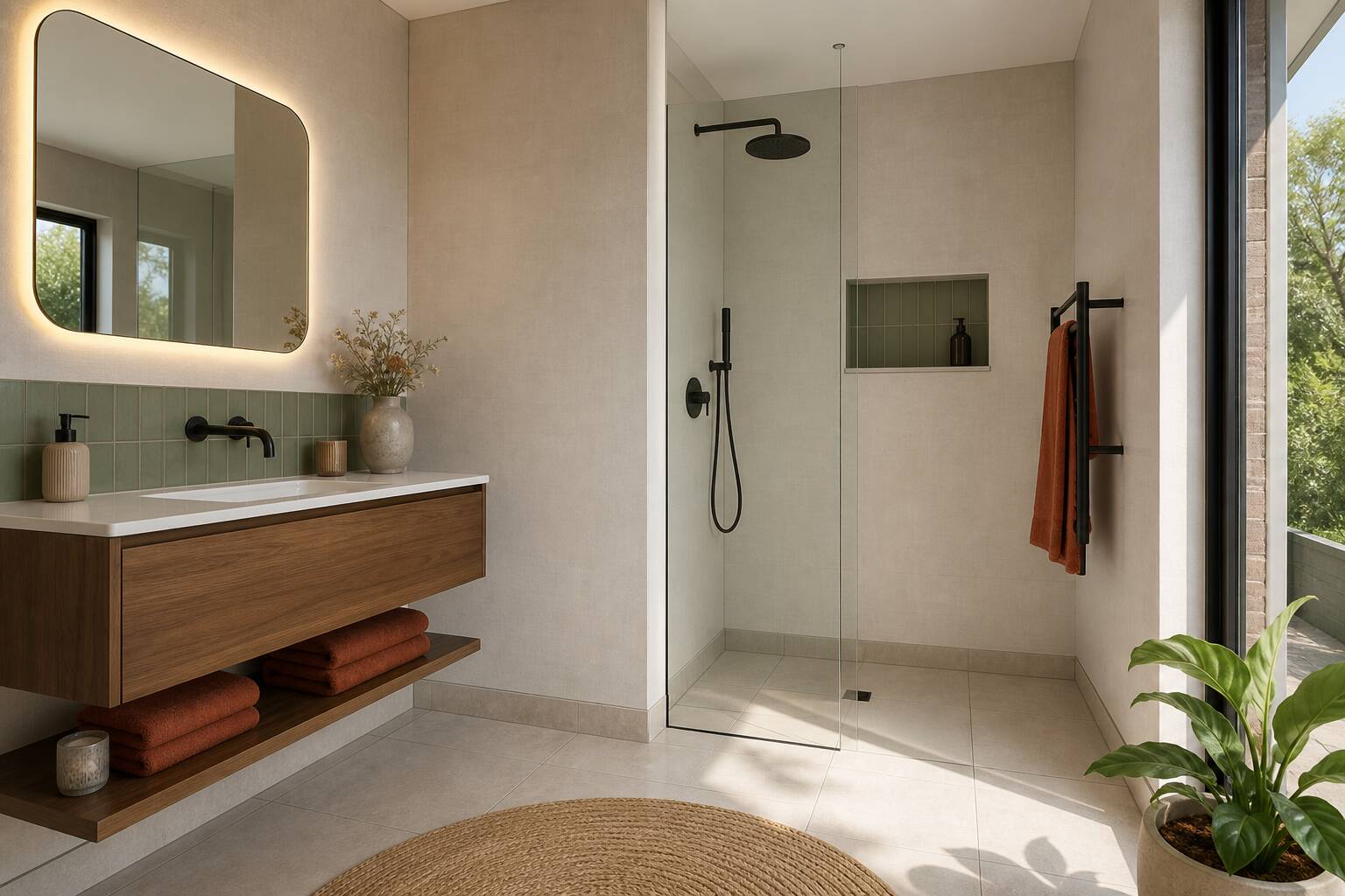 Rénovation salle de bains carrelage existant panneaux muraux lin étagère noyer déco terracotta