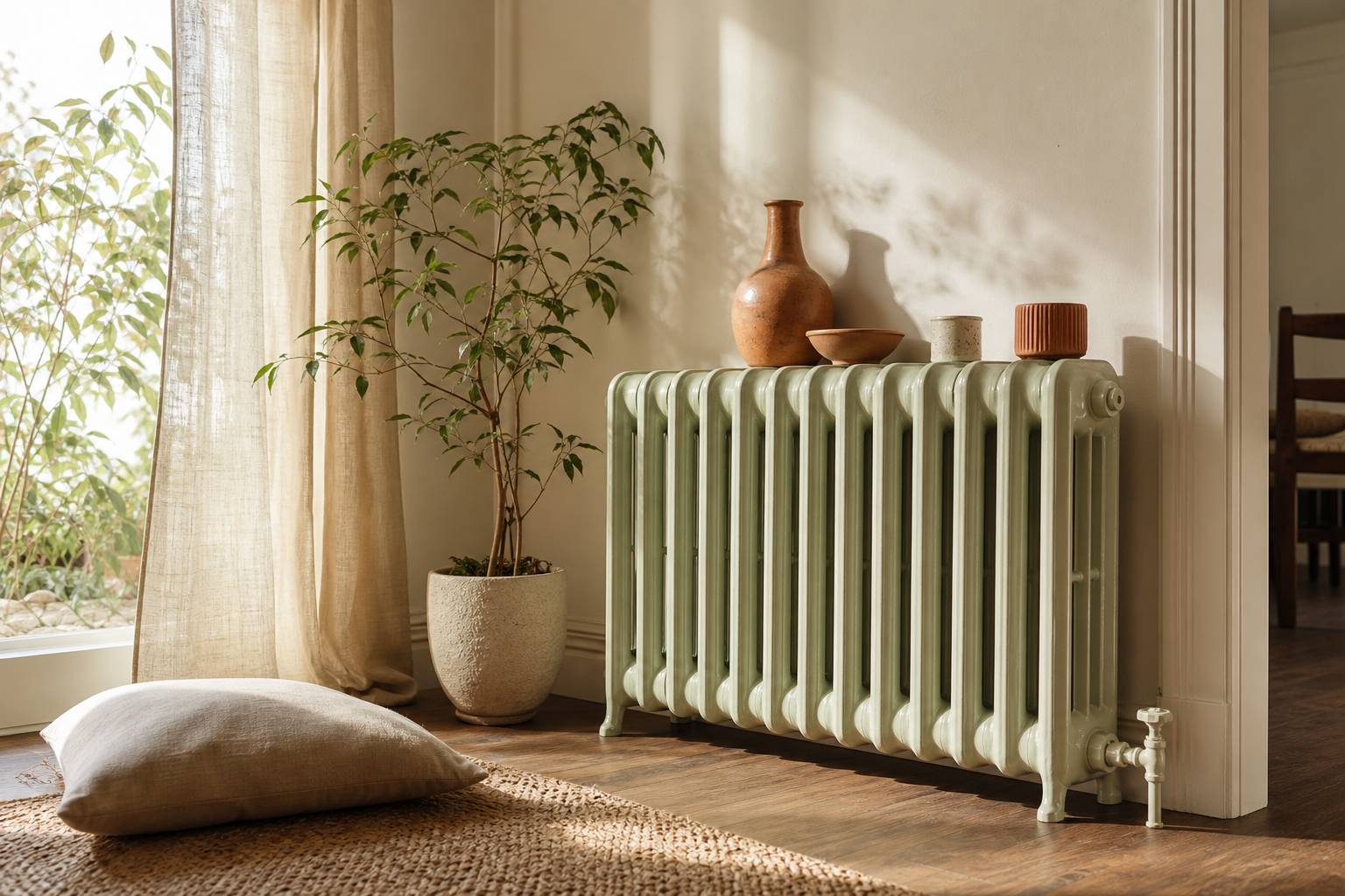 Radiateur repeint dans un intérieur lumineux aux tons naturels