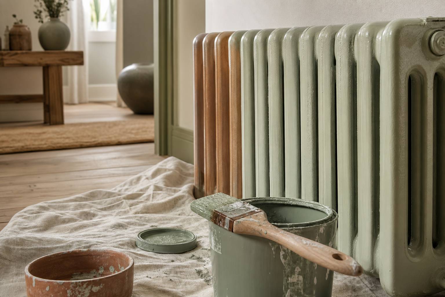 Matériel pour repeindre un radiateur en fonte avec pinceau et peinture