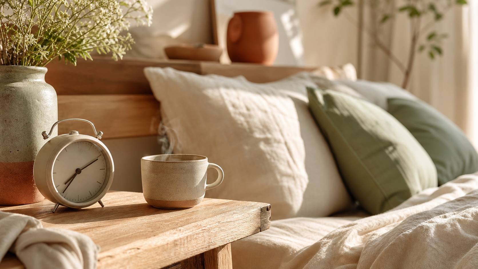 Réveil matin heure miroir 06h06 table bois tasse café intérieur chaleureux lumineux déco