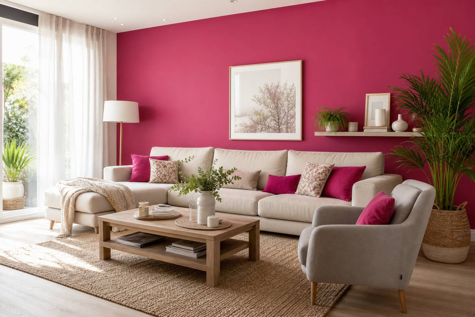 Mur rose fuchsia dans un salon élégant et moderne
