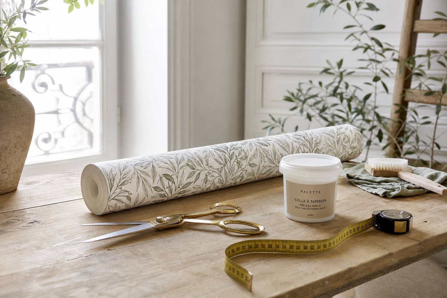 Rouleau papier peint table bois ciseaux colle tapisser metre ruban outils DIY decoration interieure Palette Maison
