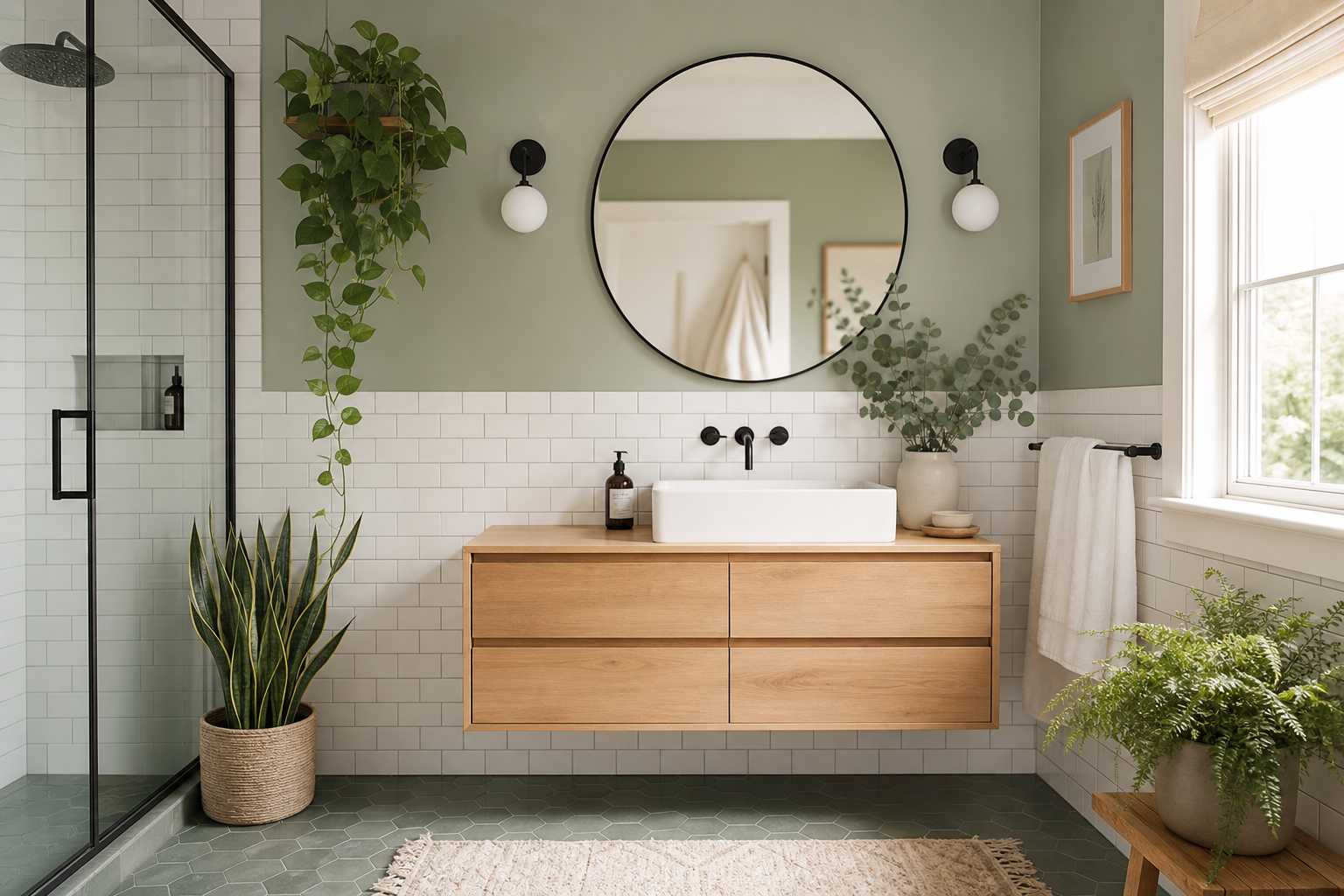 Salle de bains moderne vert sauge avec meuble bois clair et miroir rond