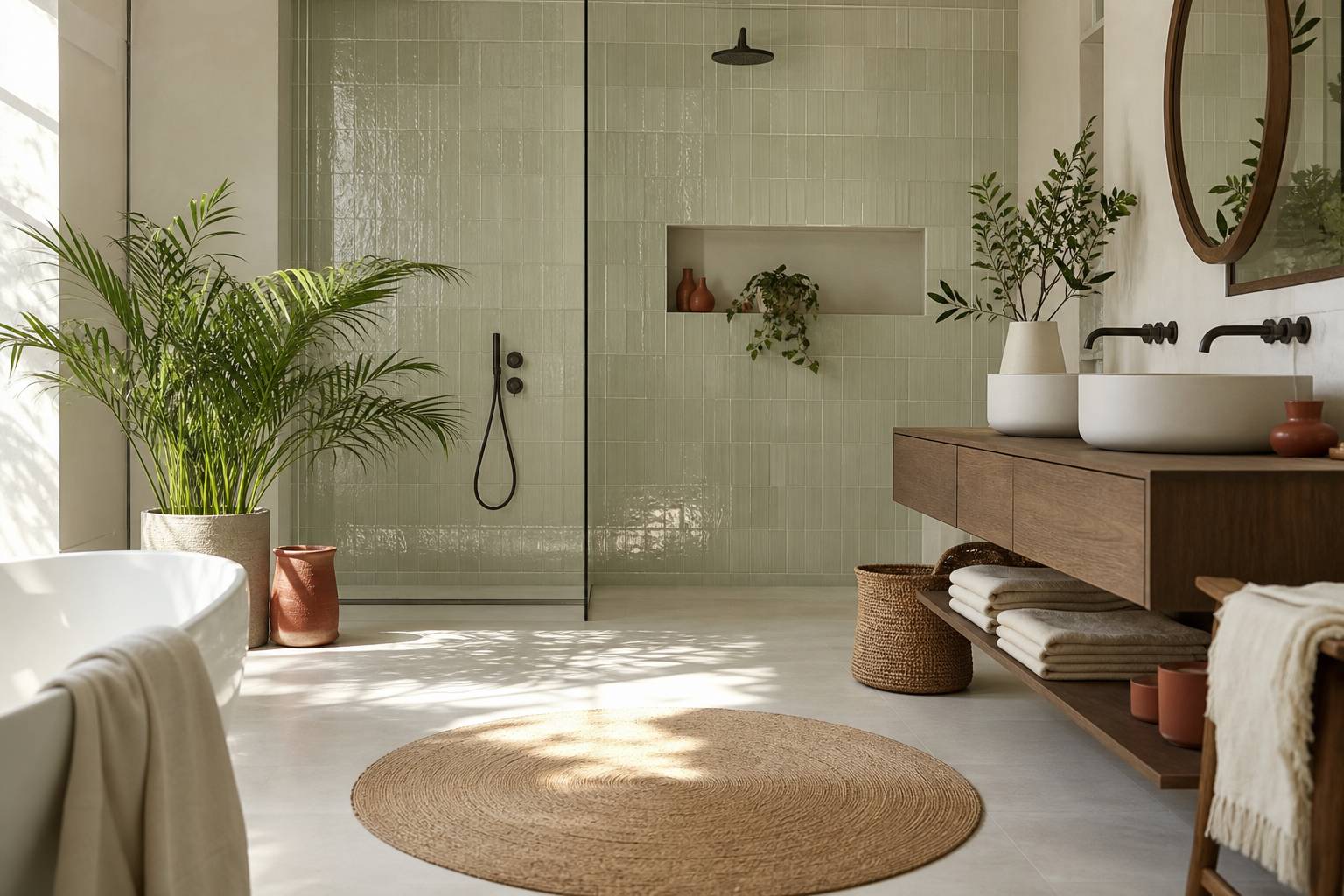 Salle de bains élégante avec carreaux vert sauge plantes et lumière naturelle ambiance spa