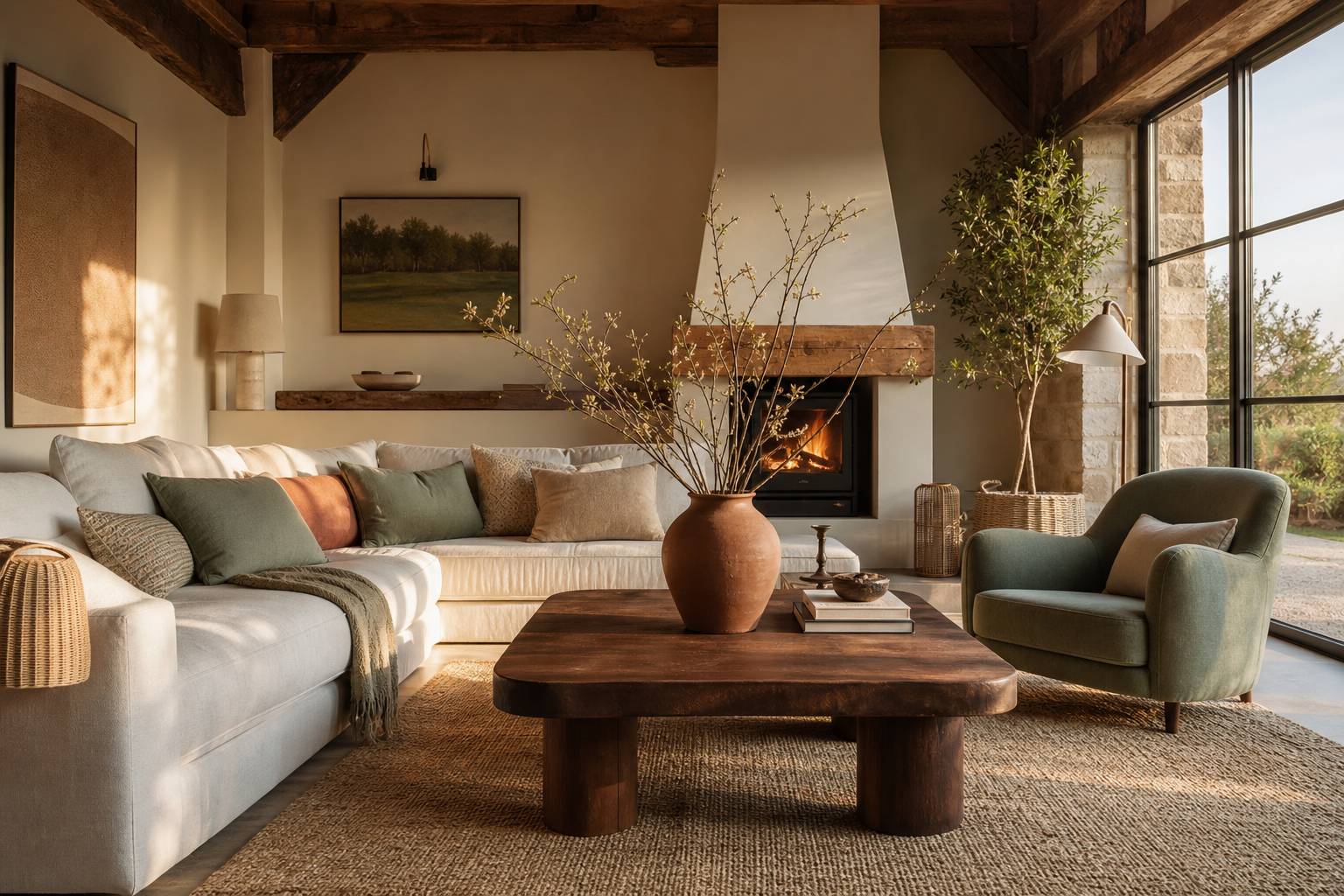 Salon grange table basse noyer vase terracotta fauteuil sauge tapis lin décoration campagne