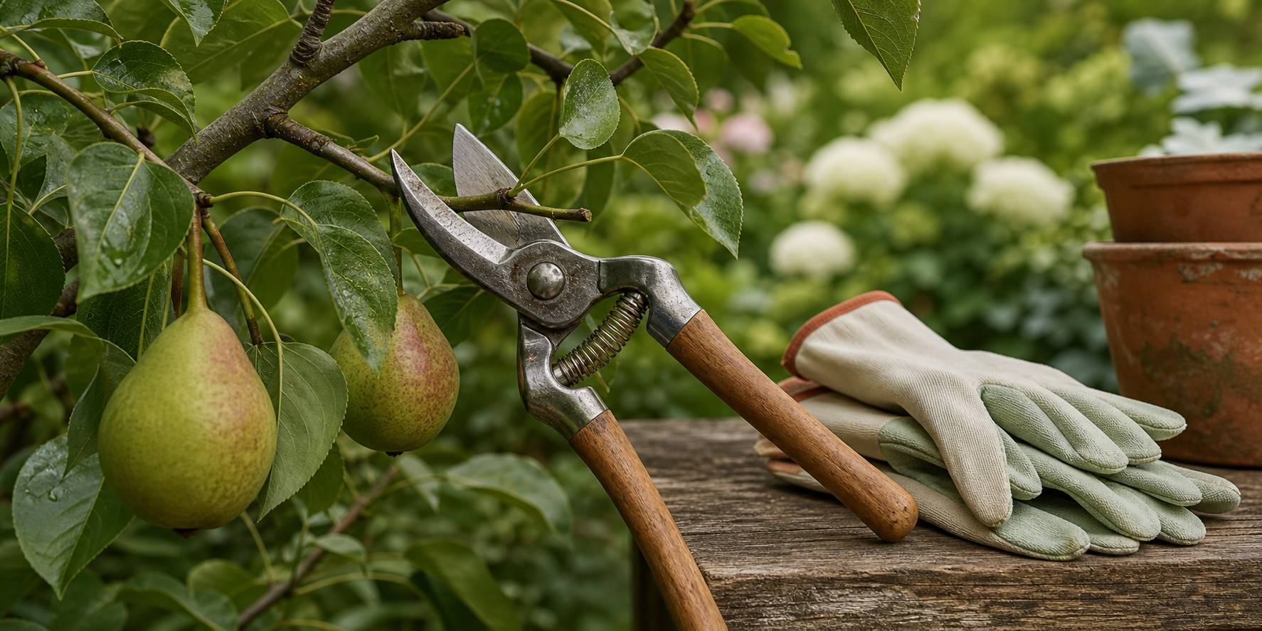 Secateur et branches de poirier en cours de taille dans un jardin