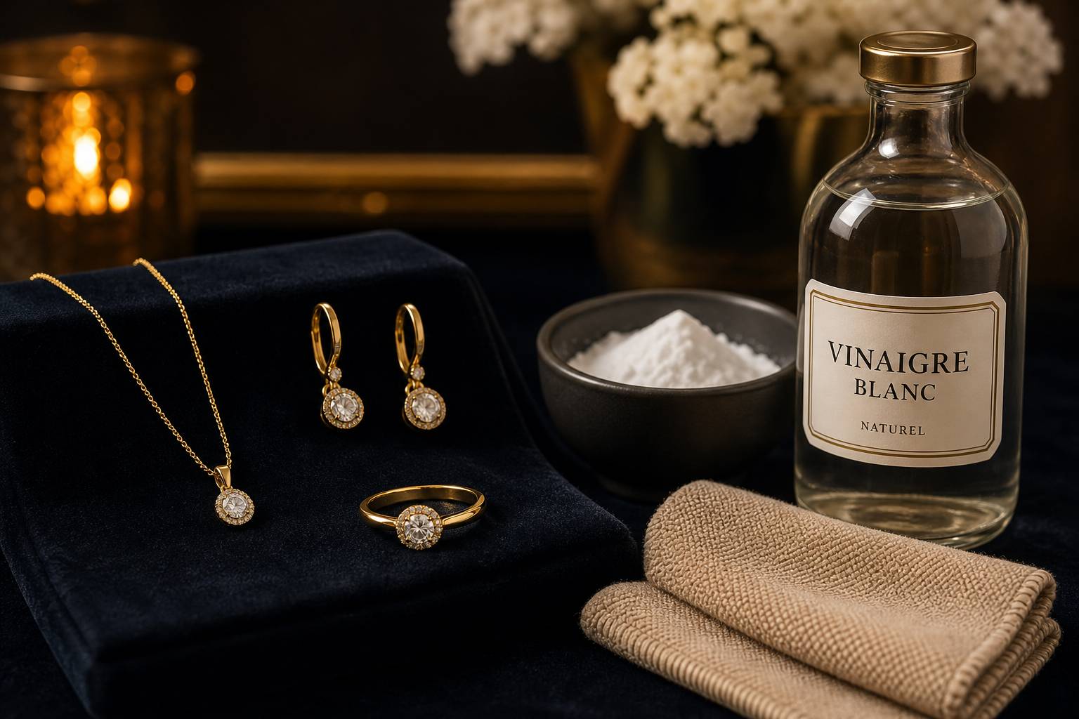 Bijoux en or brillant sur velours avec produits naturels