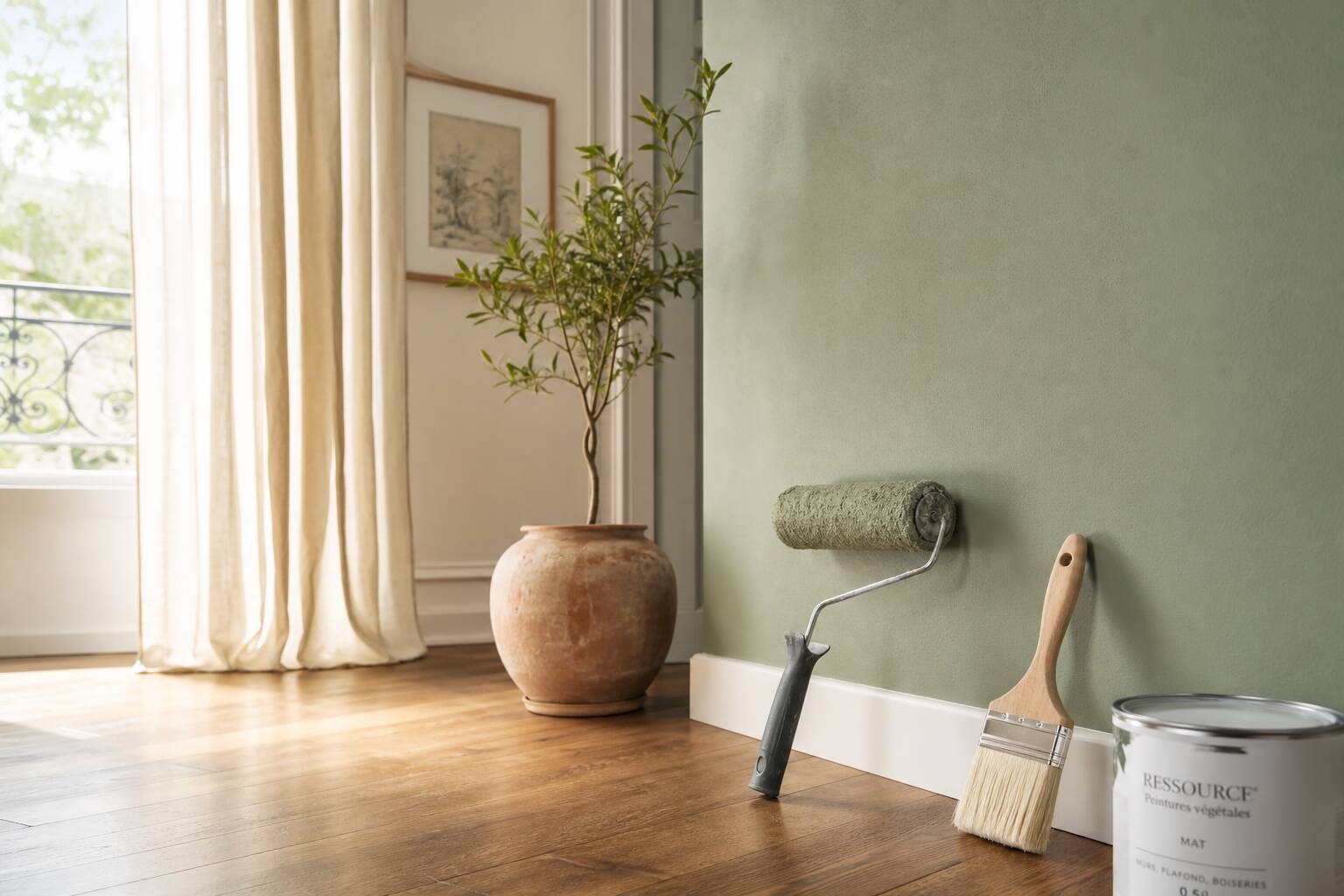 Outils de peinture sur une toile de protection dans une pièce aux murs vert sauge et bois noyer
