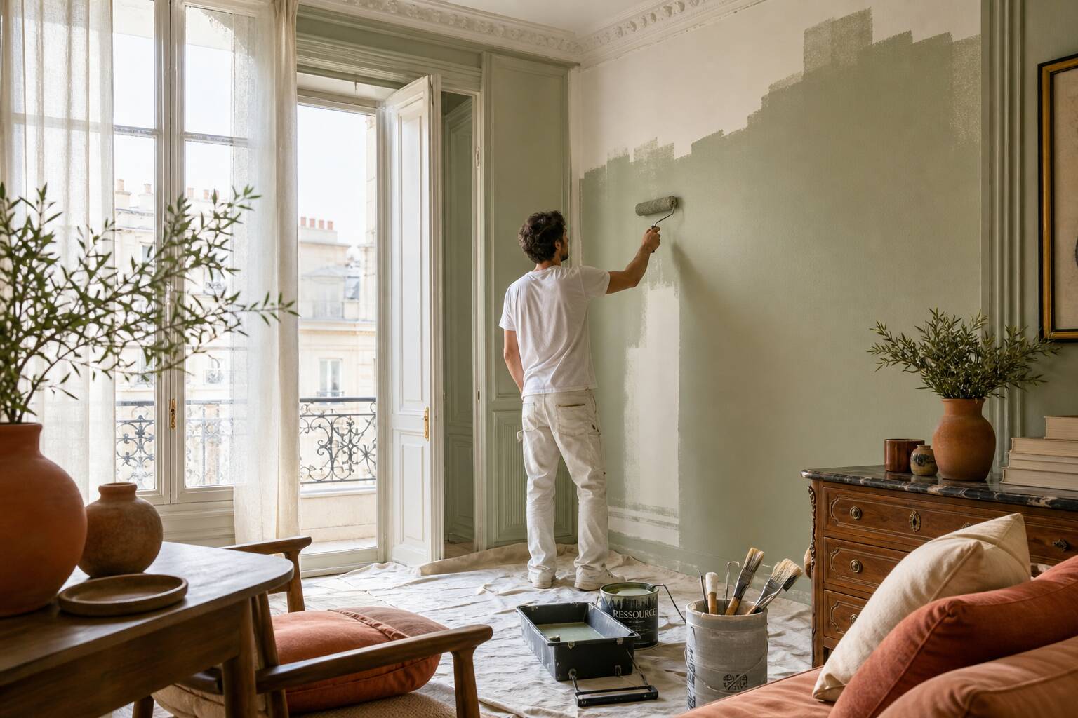 Intérieur lumineux avec murs peints en vert sauge, palette lin et noyer, atmosphère chaleureuse
