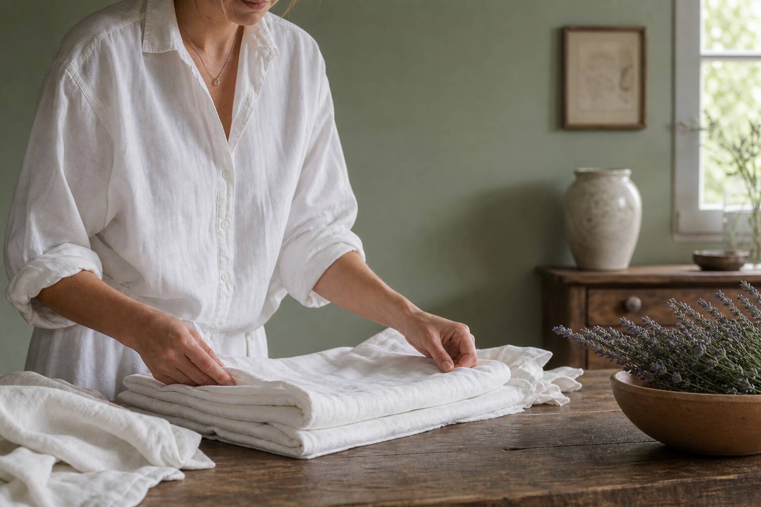 Linge frais en lin blanc plié à la main sur une table en bois noyer, décoration douce et lumineuse