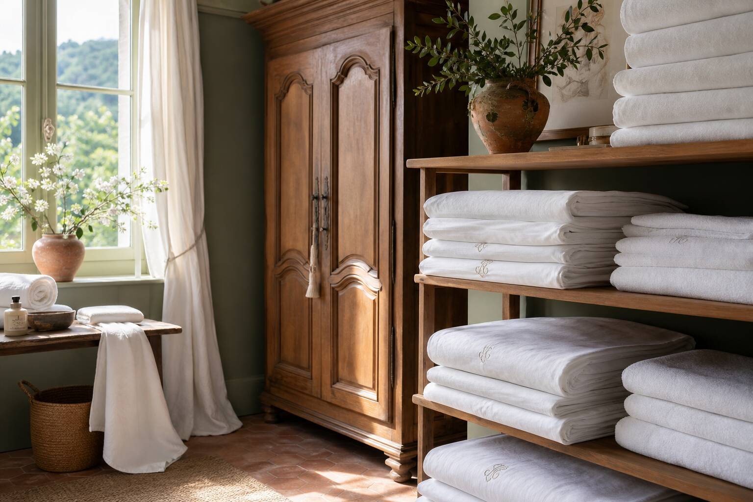 Linge blanc et lin soigneusement plié dans une armoire en noyer, intérieur lumineux aux tons naturels