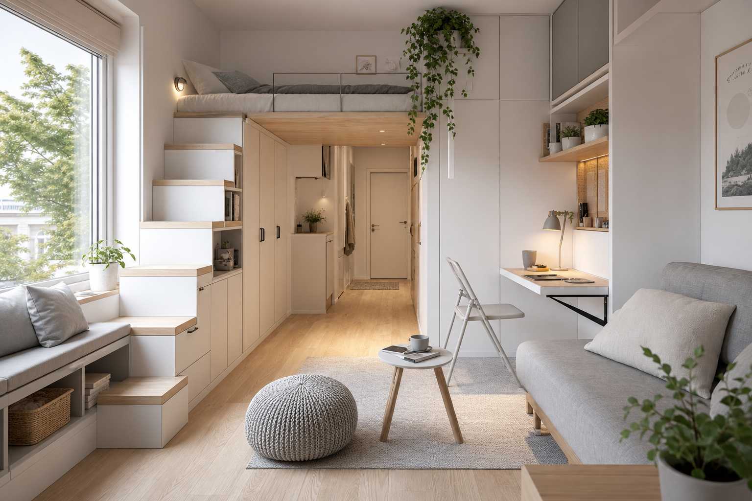 Studio 11m² aménagé avec lit mezzanine et bureau mural, format paysage
