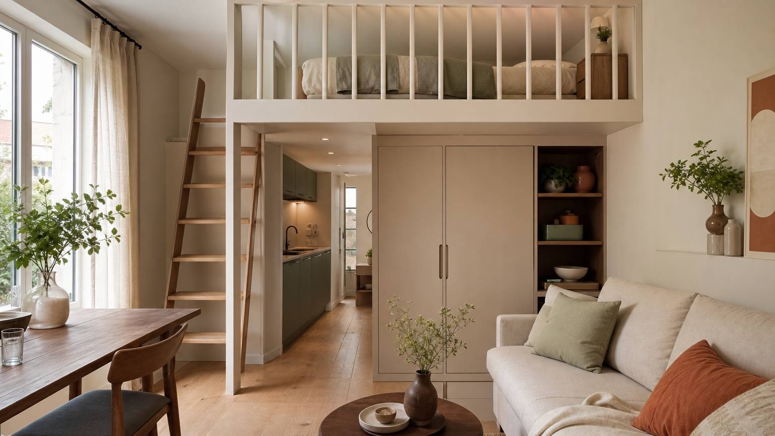 Studio petit espace avec mezzanine et rangements intégrés design