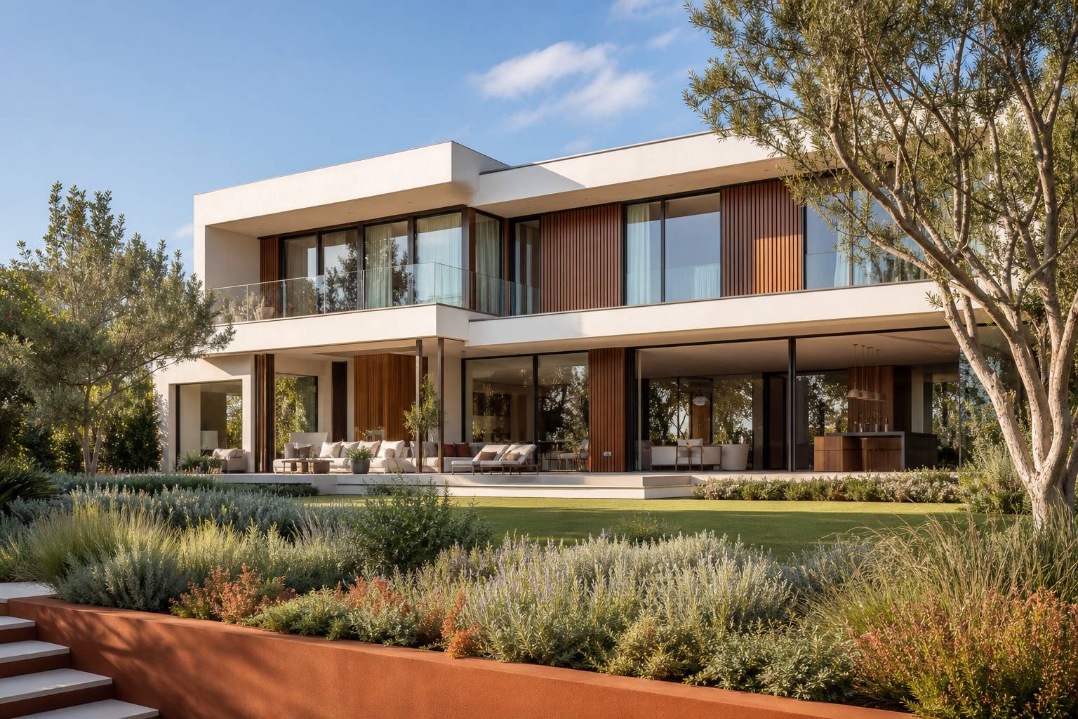 Maison contemporaine avec baies vitrees et facade bois dans un ecrin de verdure