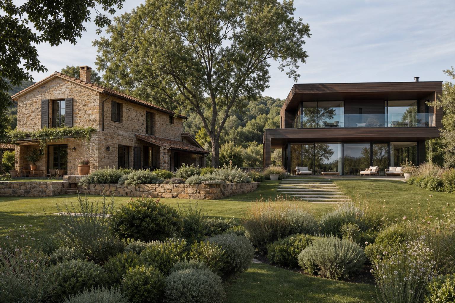 Maison traditionnelle en pierre et maison contemporaine en bois comparees cote a cote
