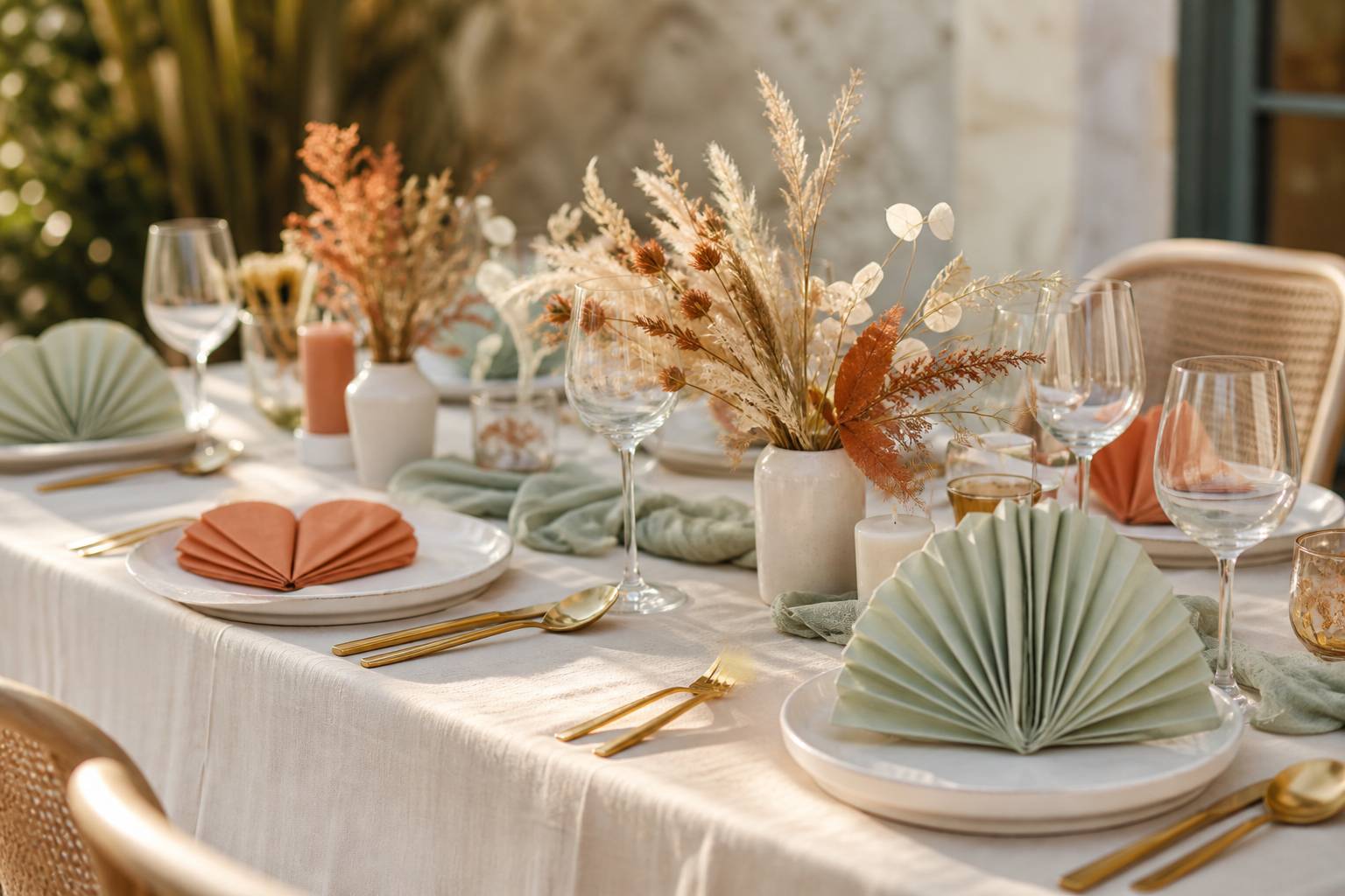 Table dressée serviettes pliées éventail coeur décoration fête assiette verre élégante