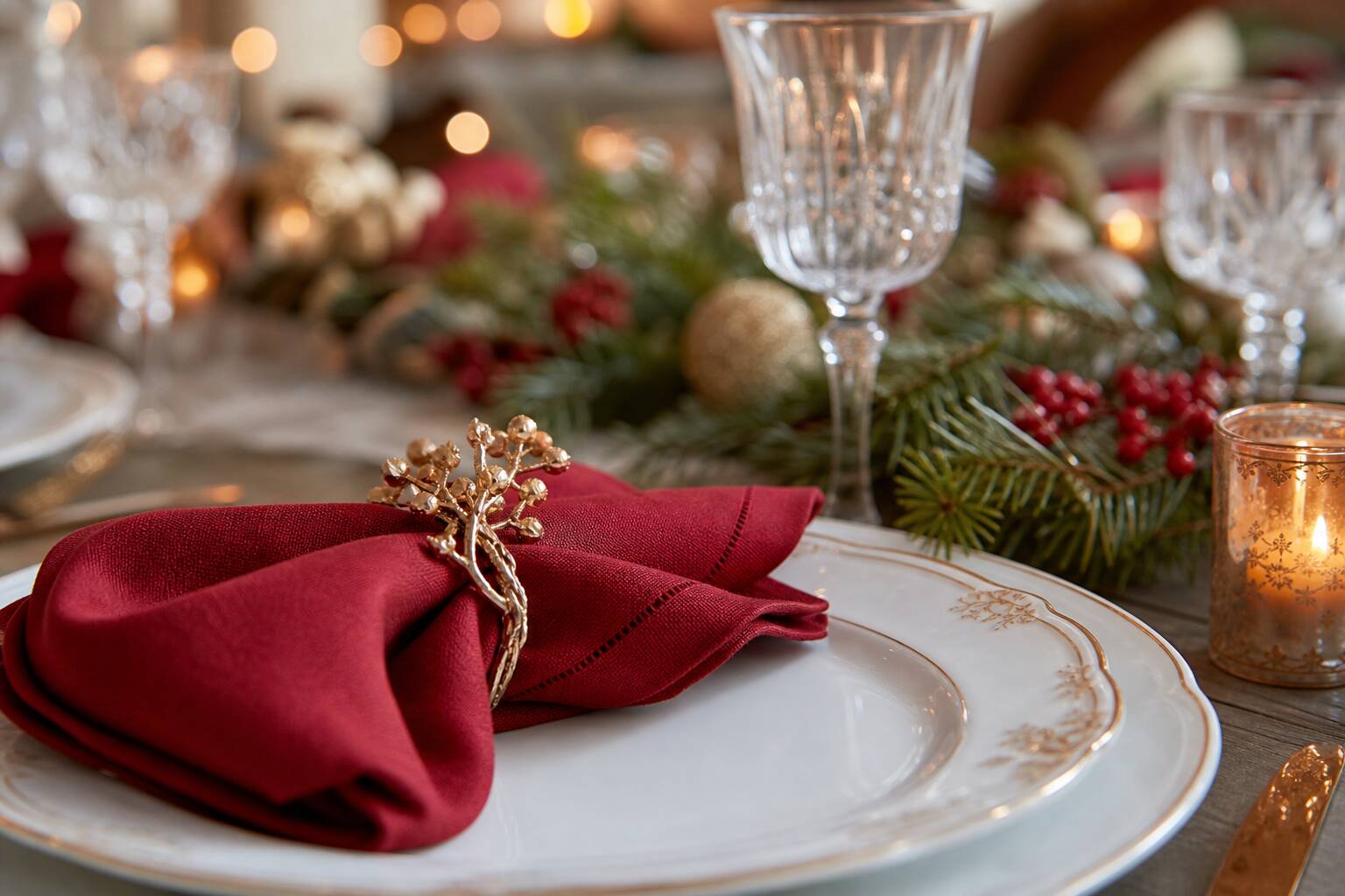 Détail d'une décoration de table de Noël avec assiette et bougie