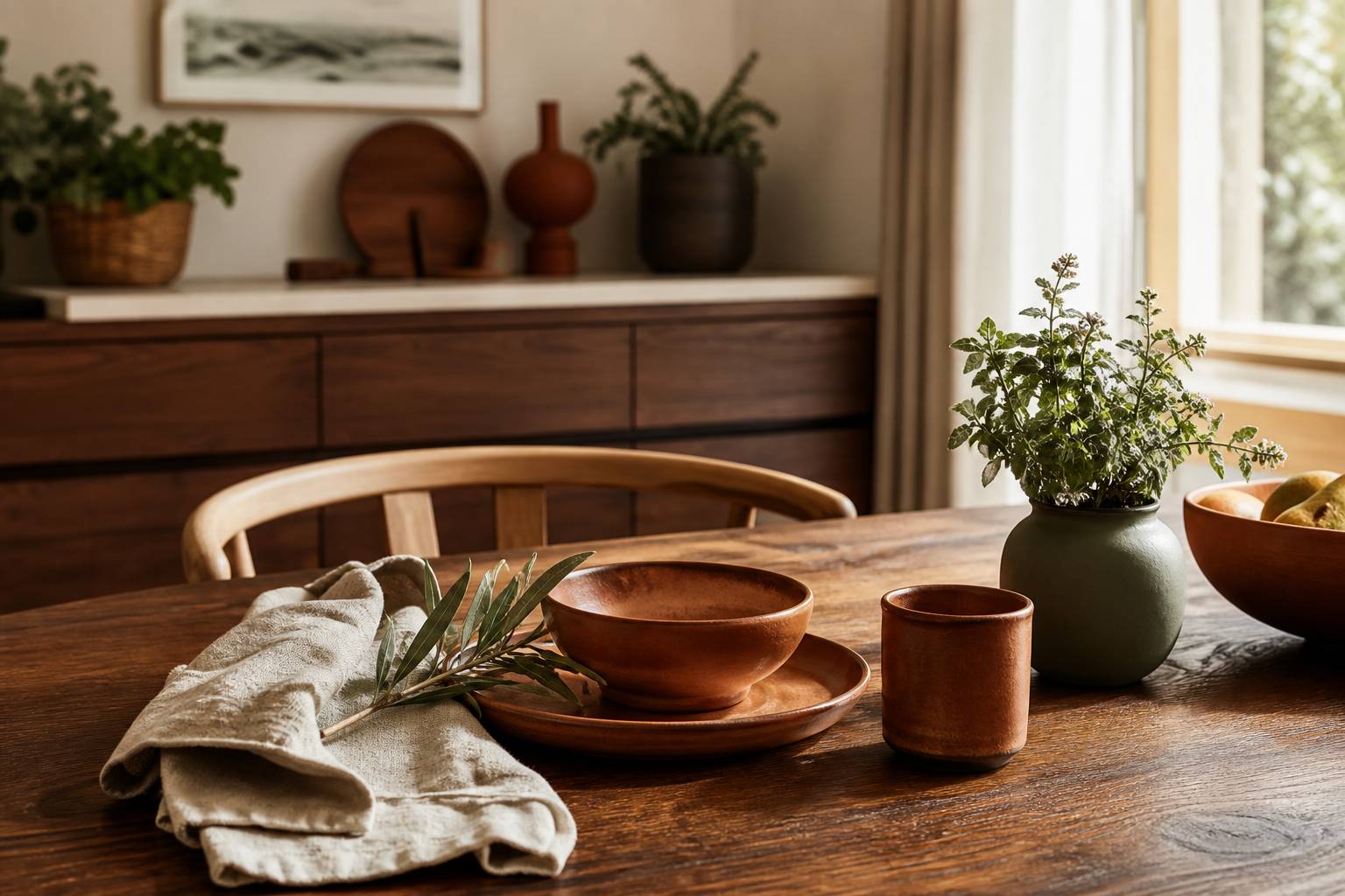 Table en noyer vaisselle terracotta serviette lin cuisine déco intérieur lumineux maison