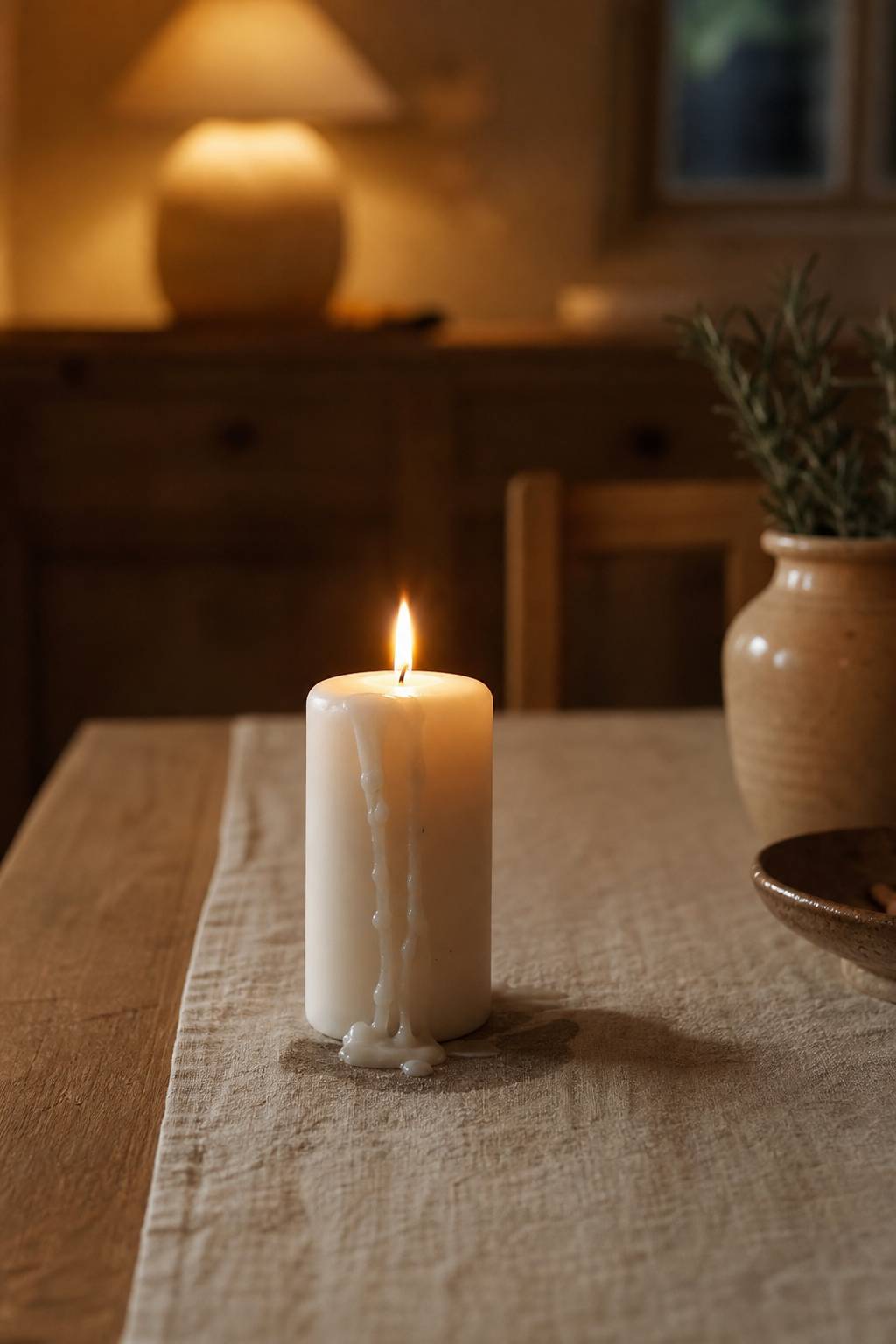 Tache de cire de bougie sur nappe en lin table en bois ambiance chaleureuse nettoyage maison