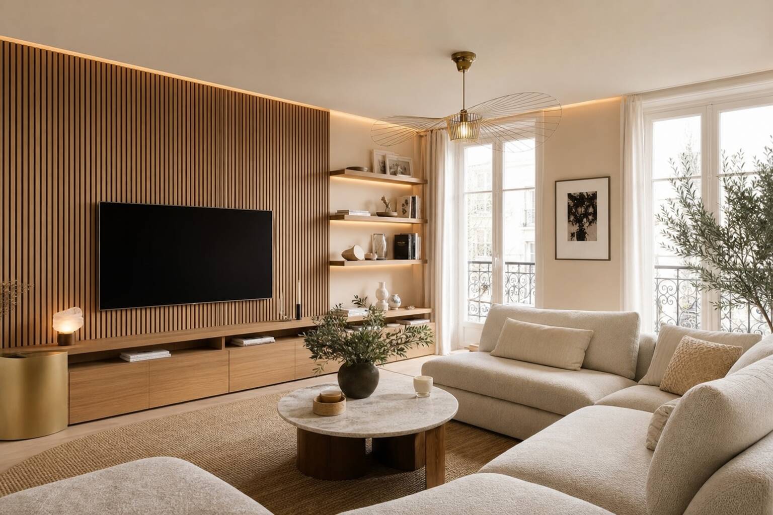 Tapisserie à tasseaux en bois dans un intérieur moderne et chaleureux