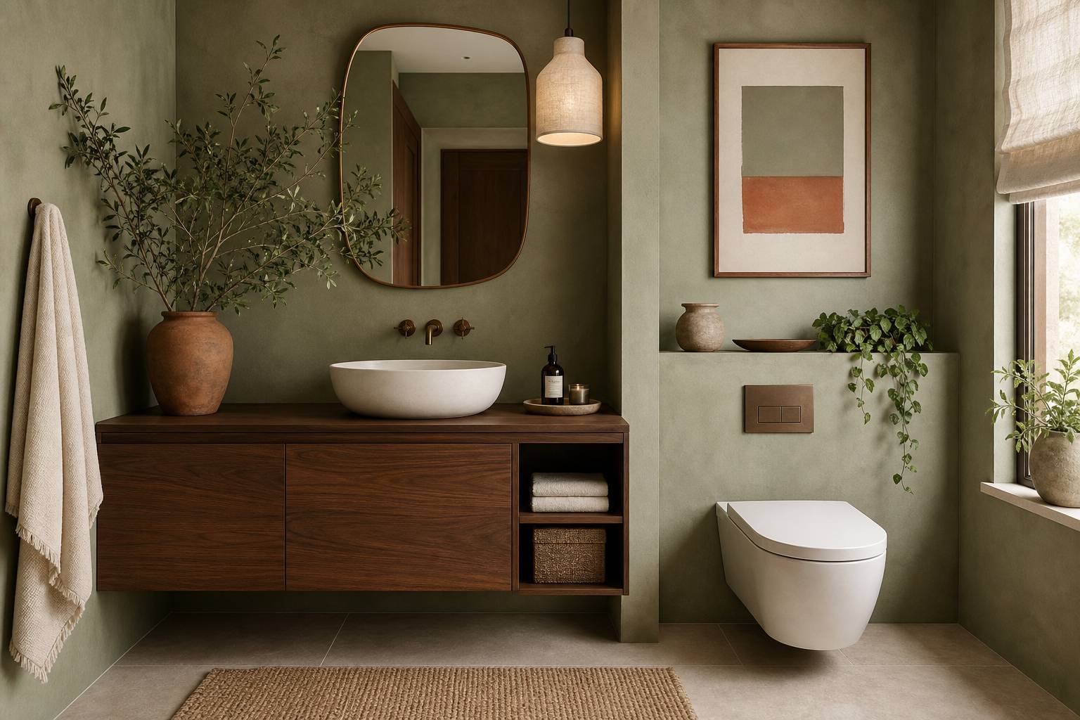 Toilettes decorees avec mur peint vert sauge et meuble bois noyer