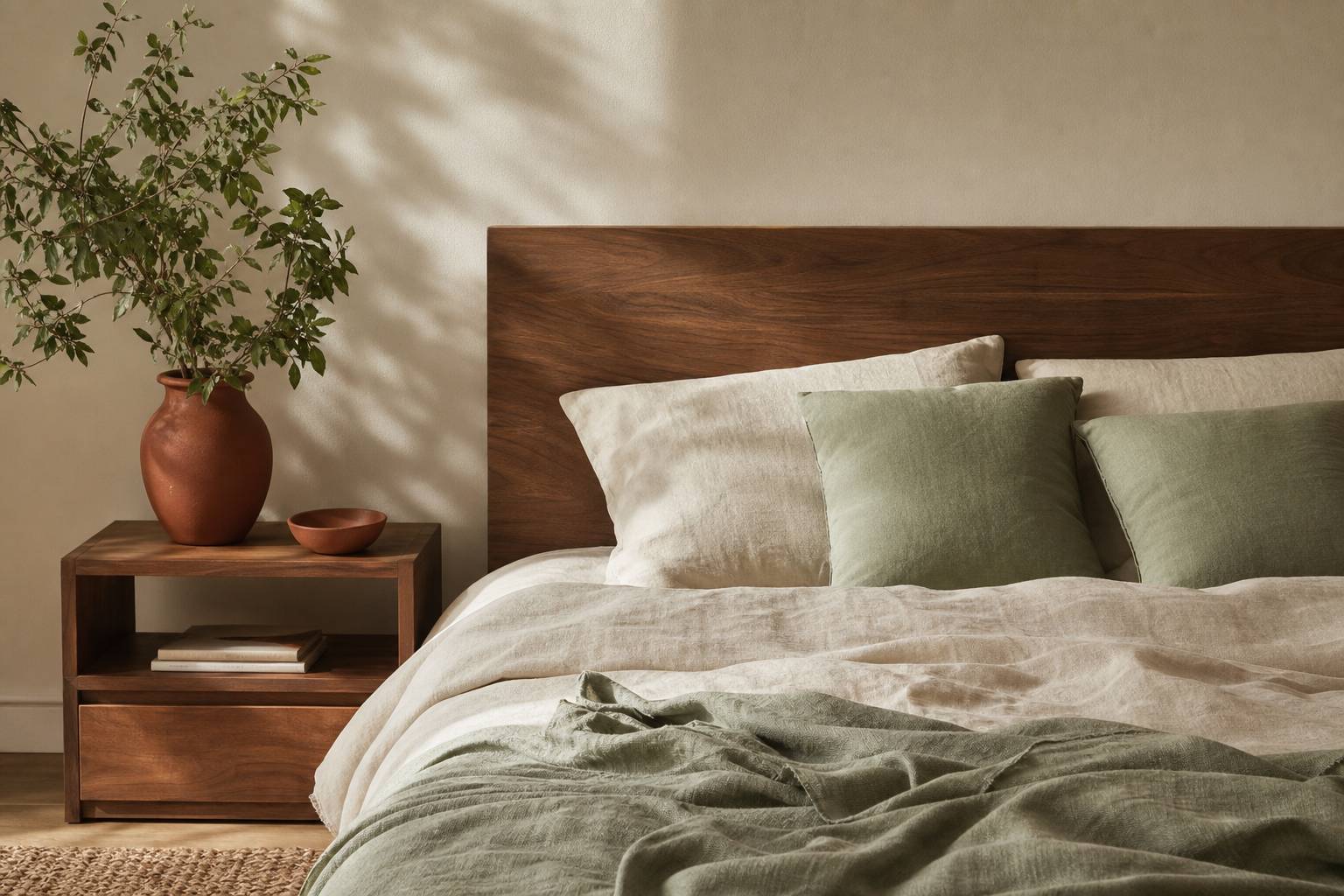 Tête de lit en bois sur mesure dans une chambre lumineuse et élégante