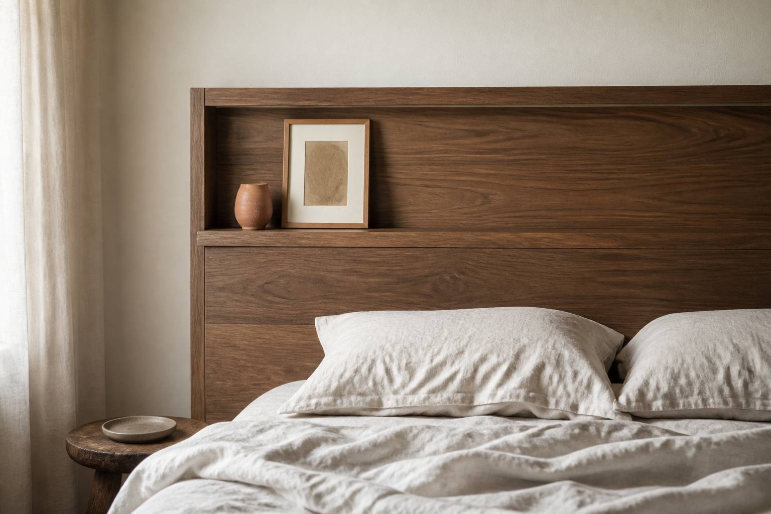 Détail d'une tête de lit en bois sur mesure avec finition huilée