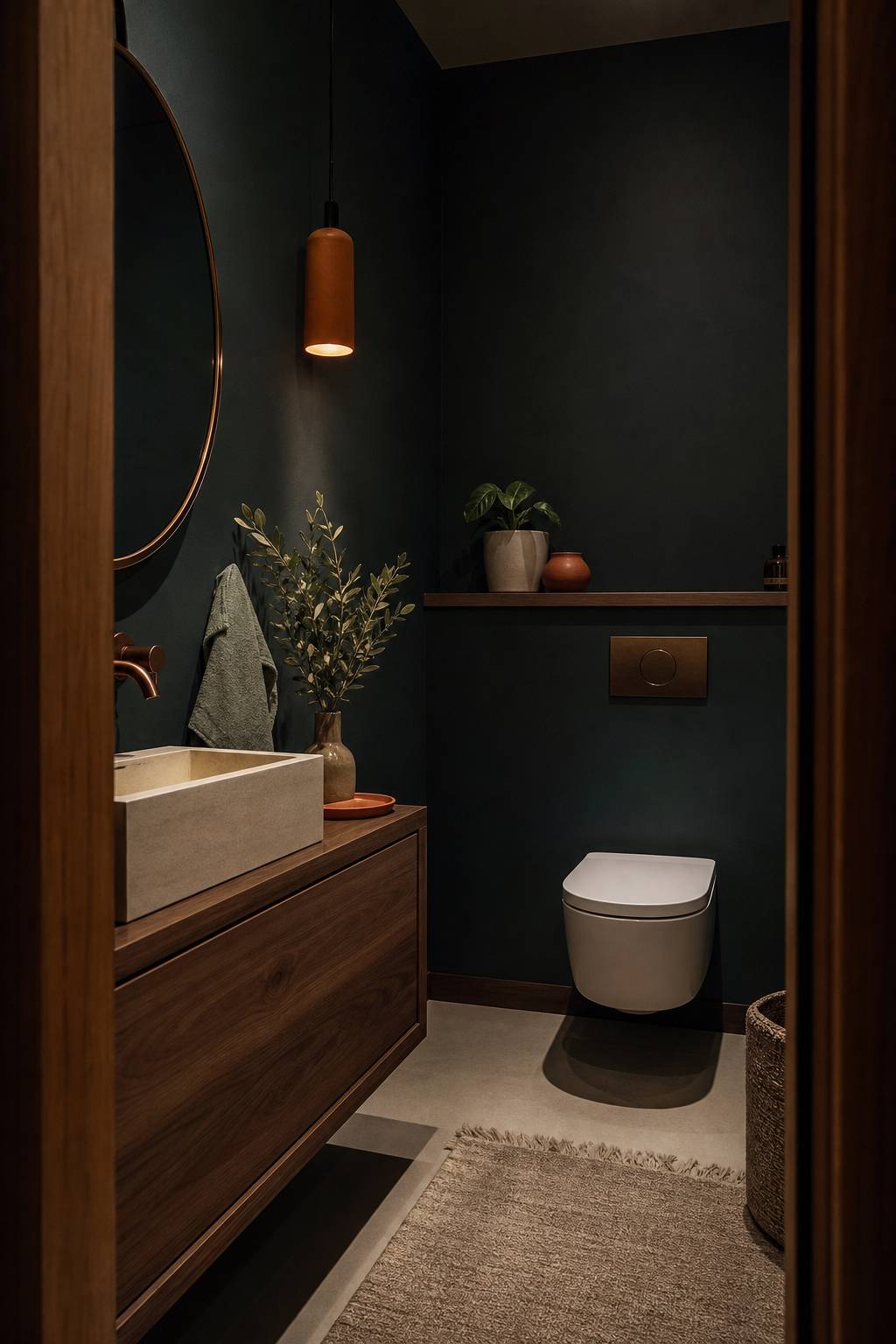 Petite pièce de toilettes décorées avec peinture murale couleur profonde, ambiance cosy et éclairage chaud
