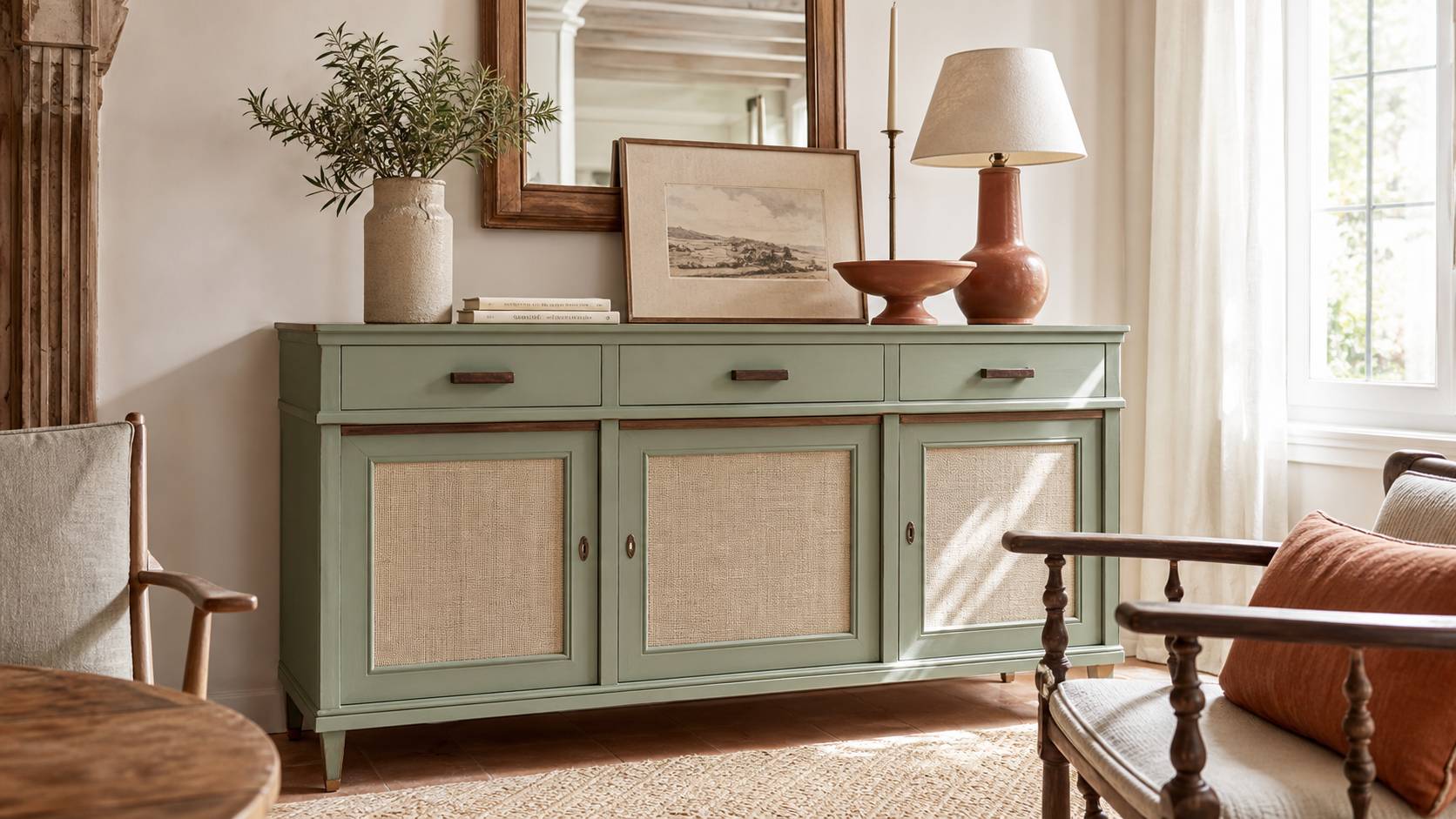 Meuble vintage transformé vert sauge lin terracotta dans un intérieur lumineux moderne