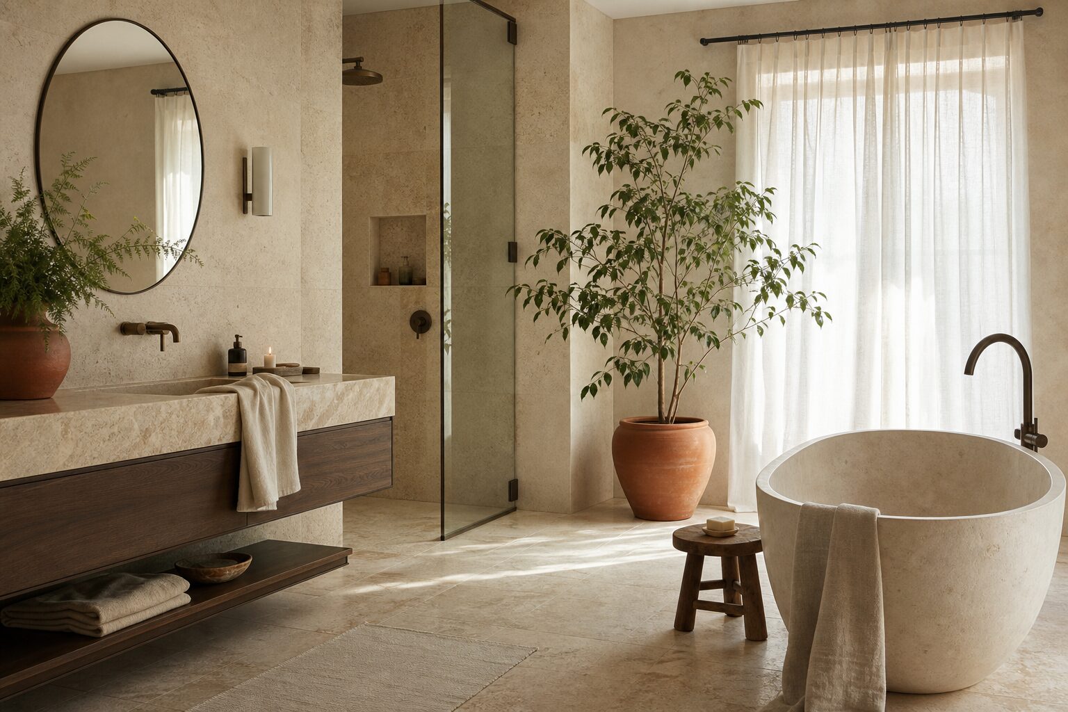 Salle de bains lumineuse en travertin clair avec vasque en pierre et serviettes lin beige