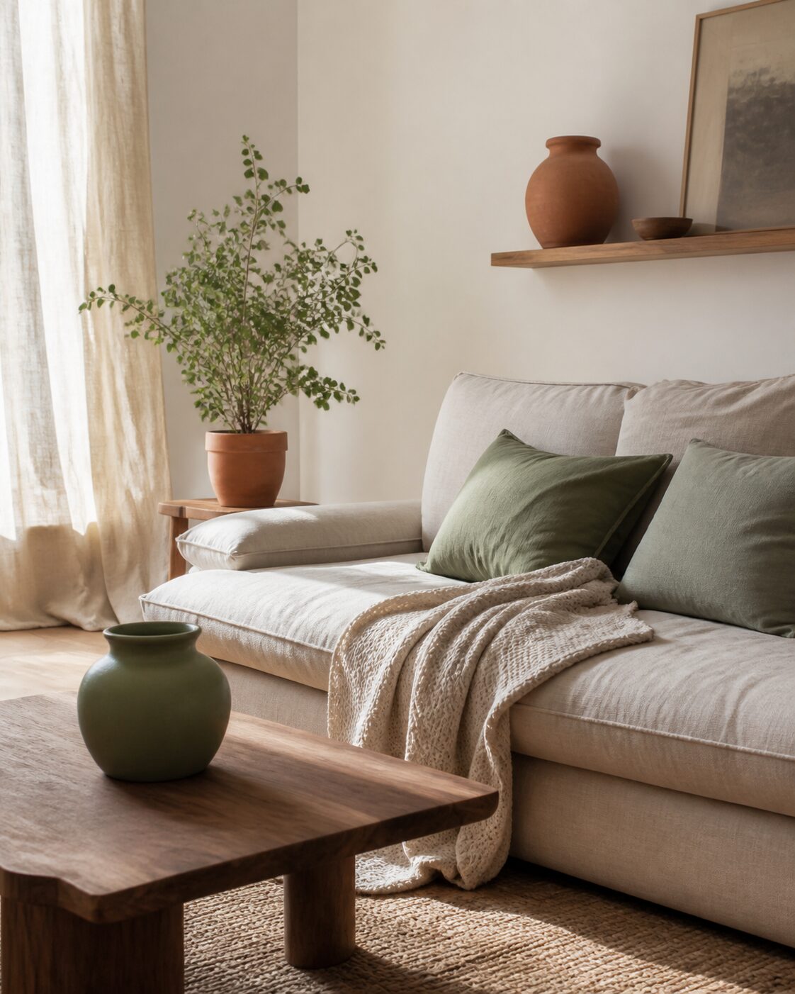 Salon lumineux avec canapé beige, coussins vert sauge et table basse en bois massif